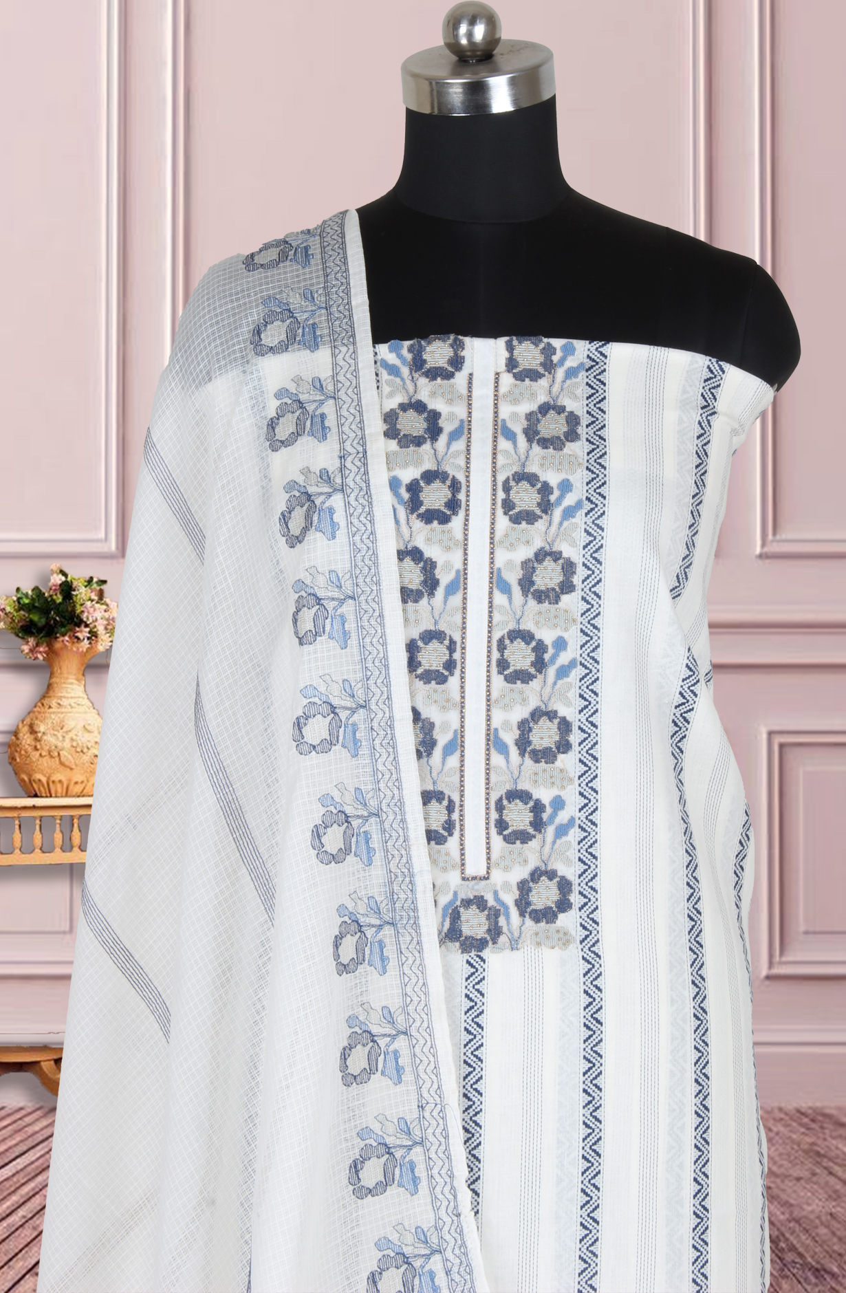 White and Blue Cotton Woven Unstitched Suit with Trendy Dupatta - R157-SPR1781