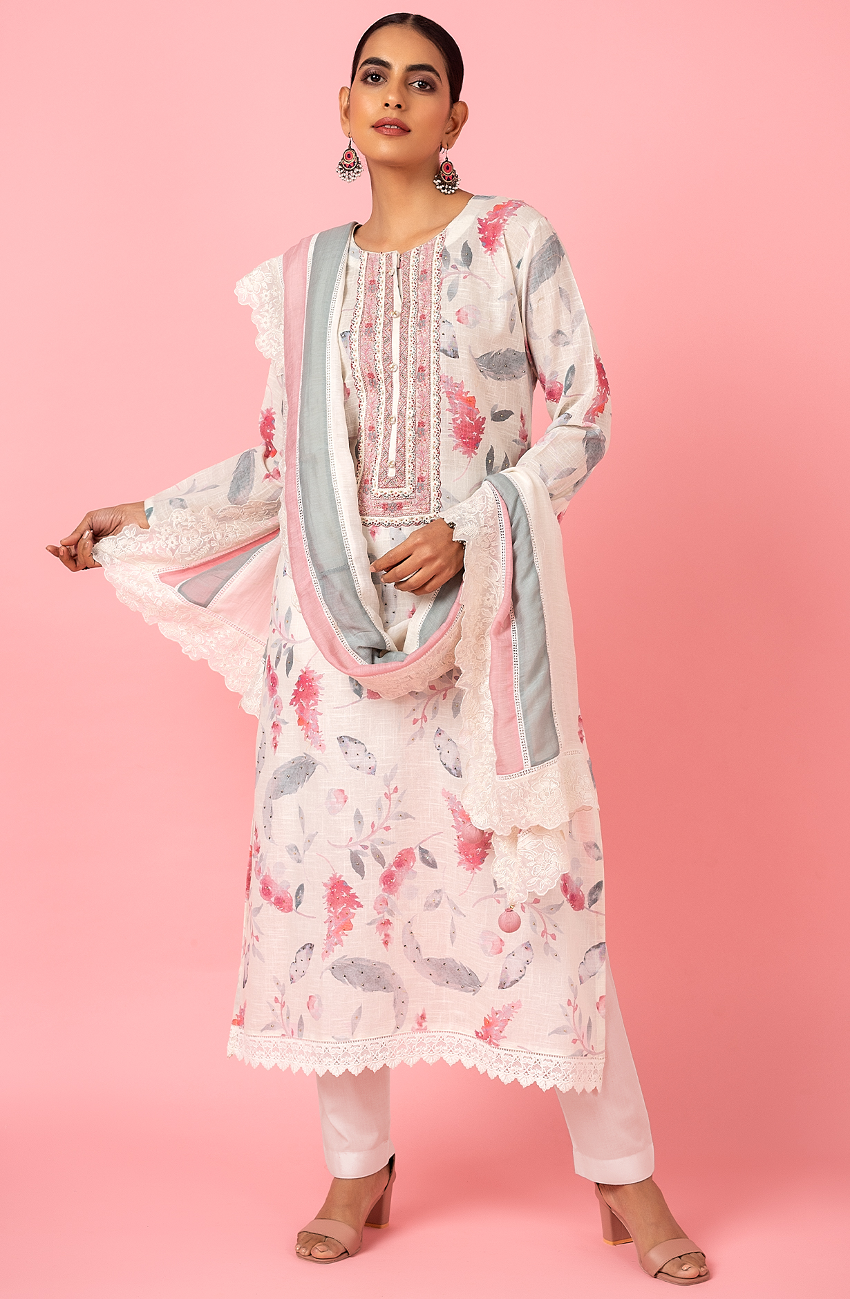 Off-white Exclusive Linen Salwar Kameez with Trendy Dupatta - R157-SPR1810
