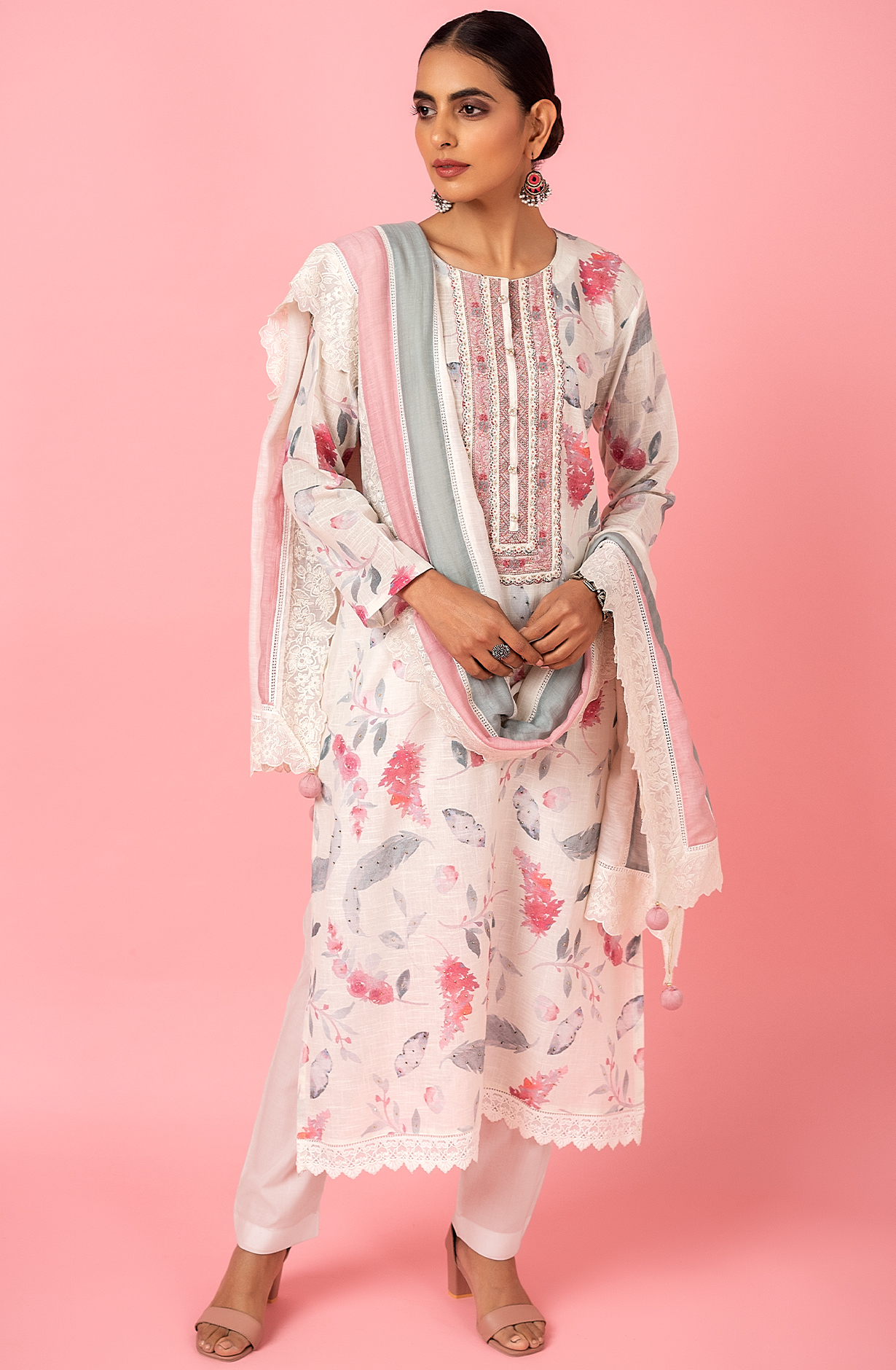 Off-white Exclusive Linen Salwar Kameez with Trendy Dupatta - R157-SPR1810