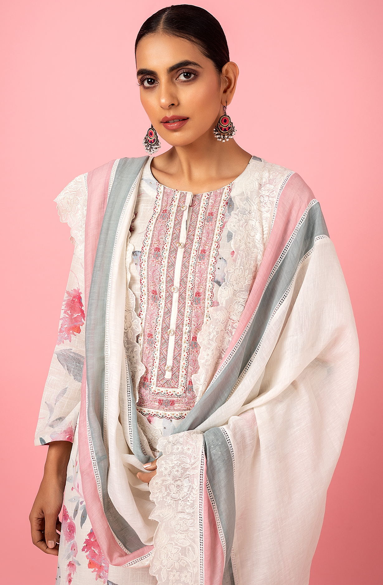 Off-white Exclusive Linen Salwar Kameez with Trendy Dupatta - R157-SPR1810