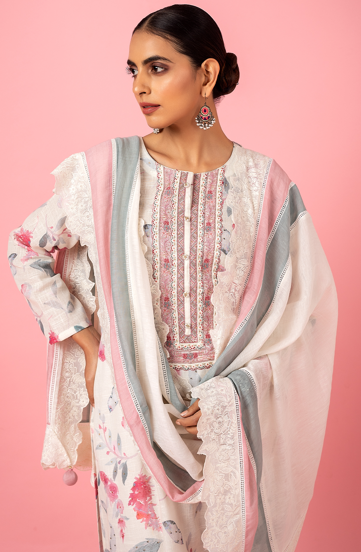 Off-white Exclusive Linen Salwar Kameez with Trendy Dupatta - R157-SPR1810