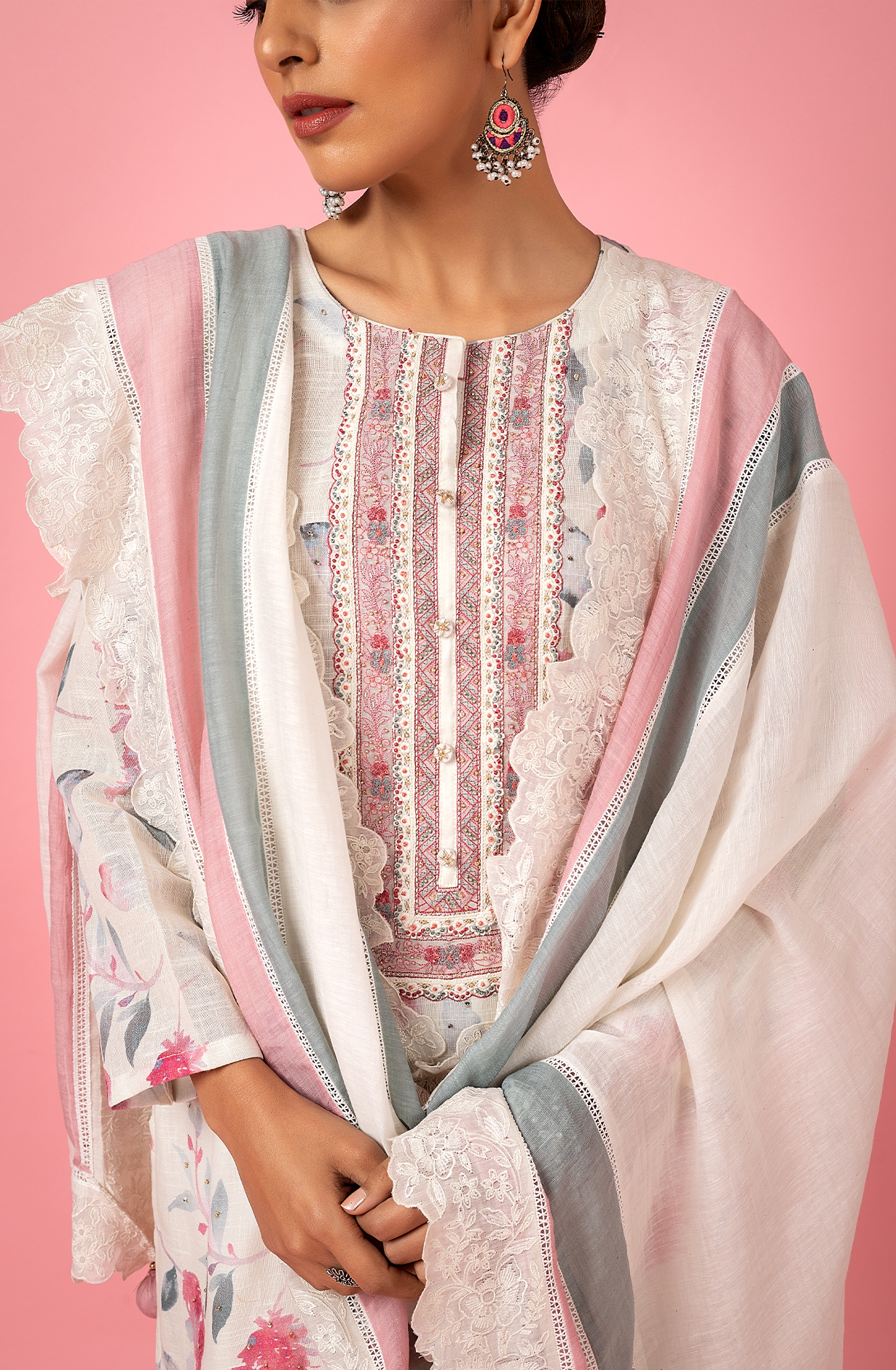 Off-white Exclusive Linen Salwar Kameez with Trendy Dupatta - R157-SPR1810