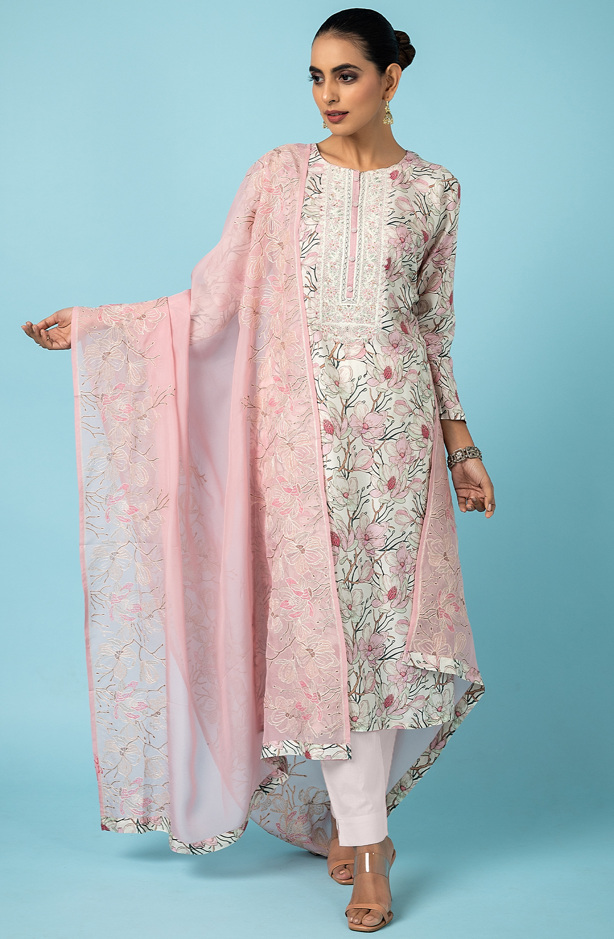 Pink Off-white Designer Muslin Suit-set with Organza Dupatta - R157-SPR1814A