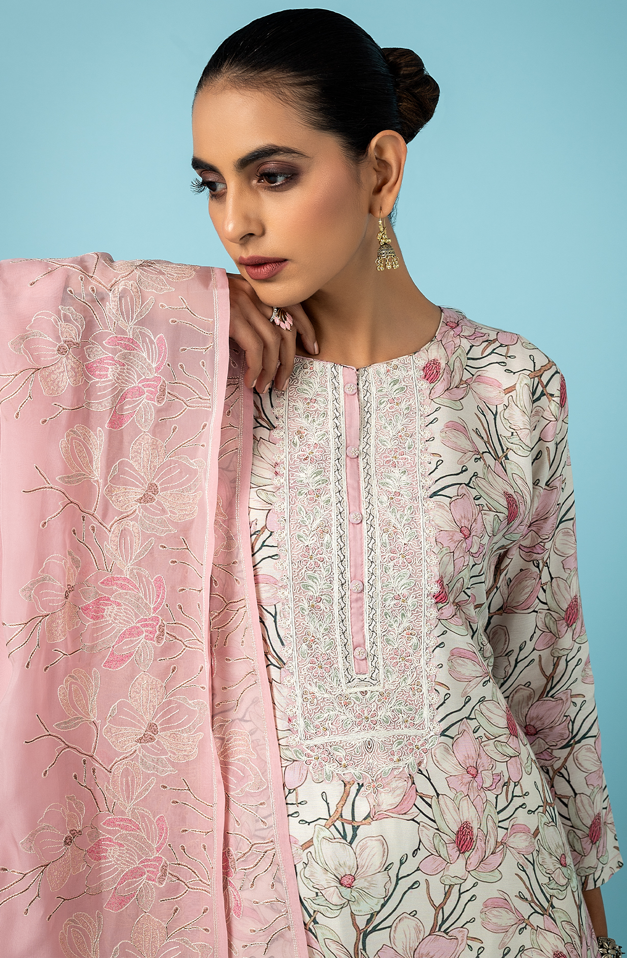 Pink Off-white Designer Muslin Suit-set with Organza Dupatta - R157-SPR1814A