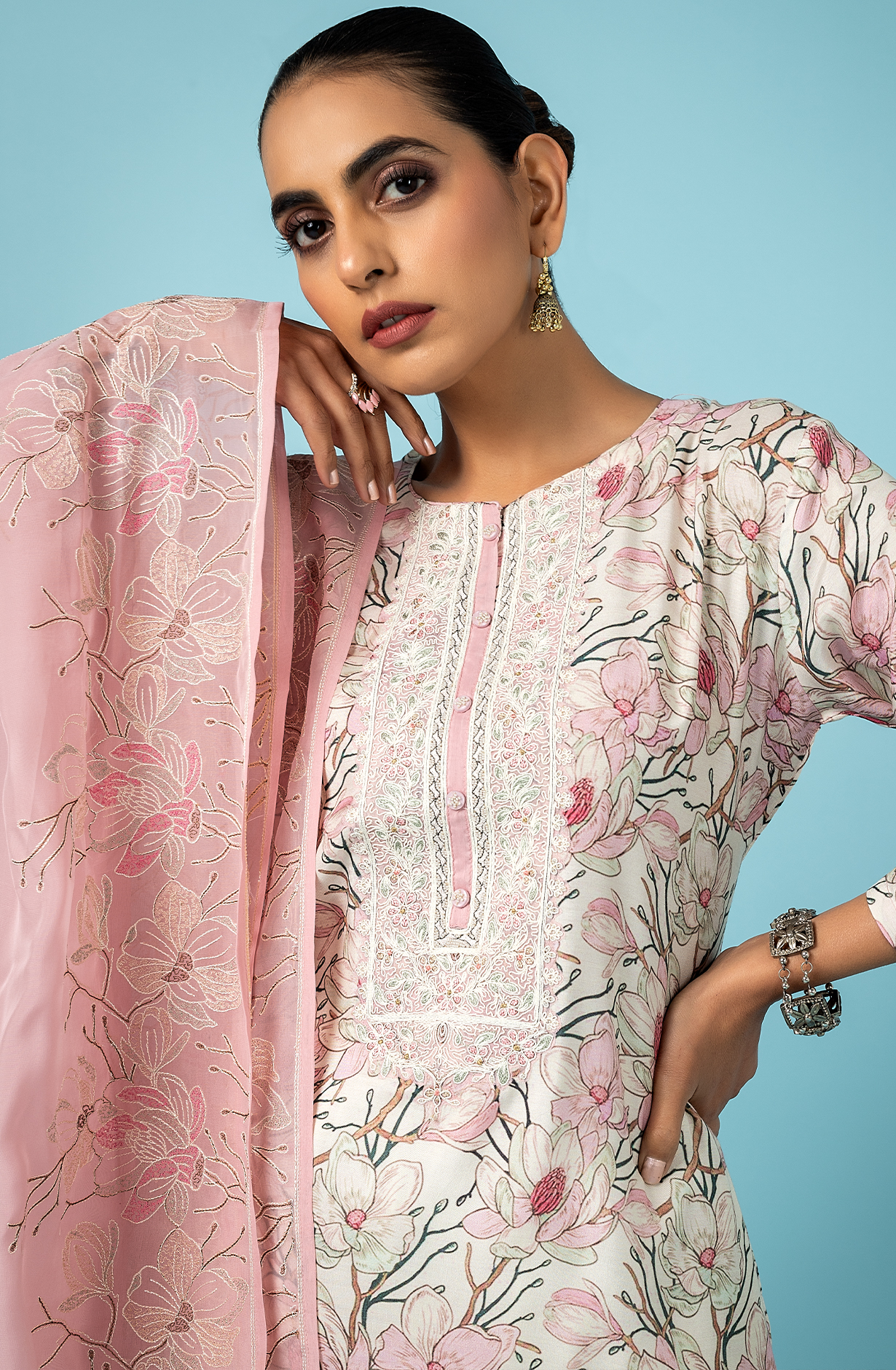 Pink Off-white Designer Muslin Suit-set with Organza Dupatta - R157-SPR1814A