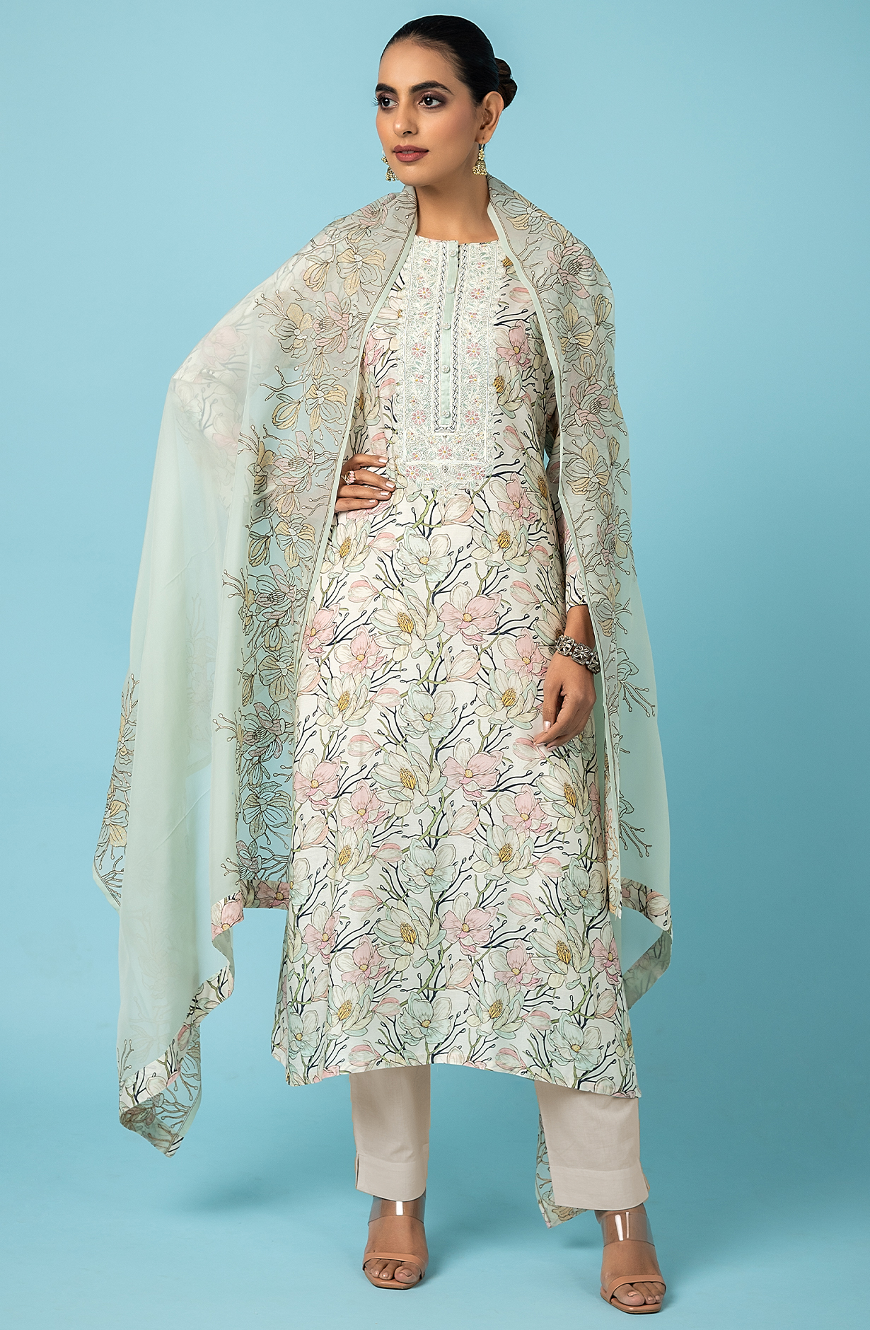 Sea Green Off-white Designer Muslin Suit-set with Organza Dupatta - R157-SPR1814B