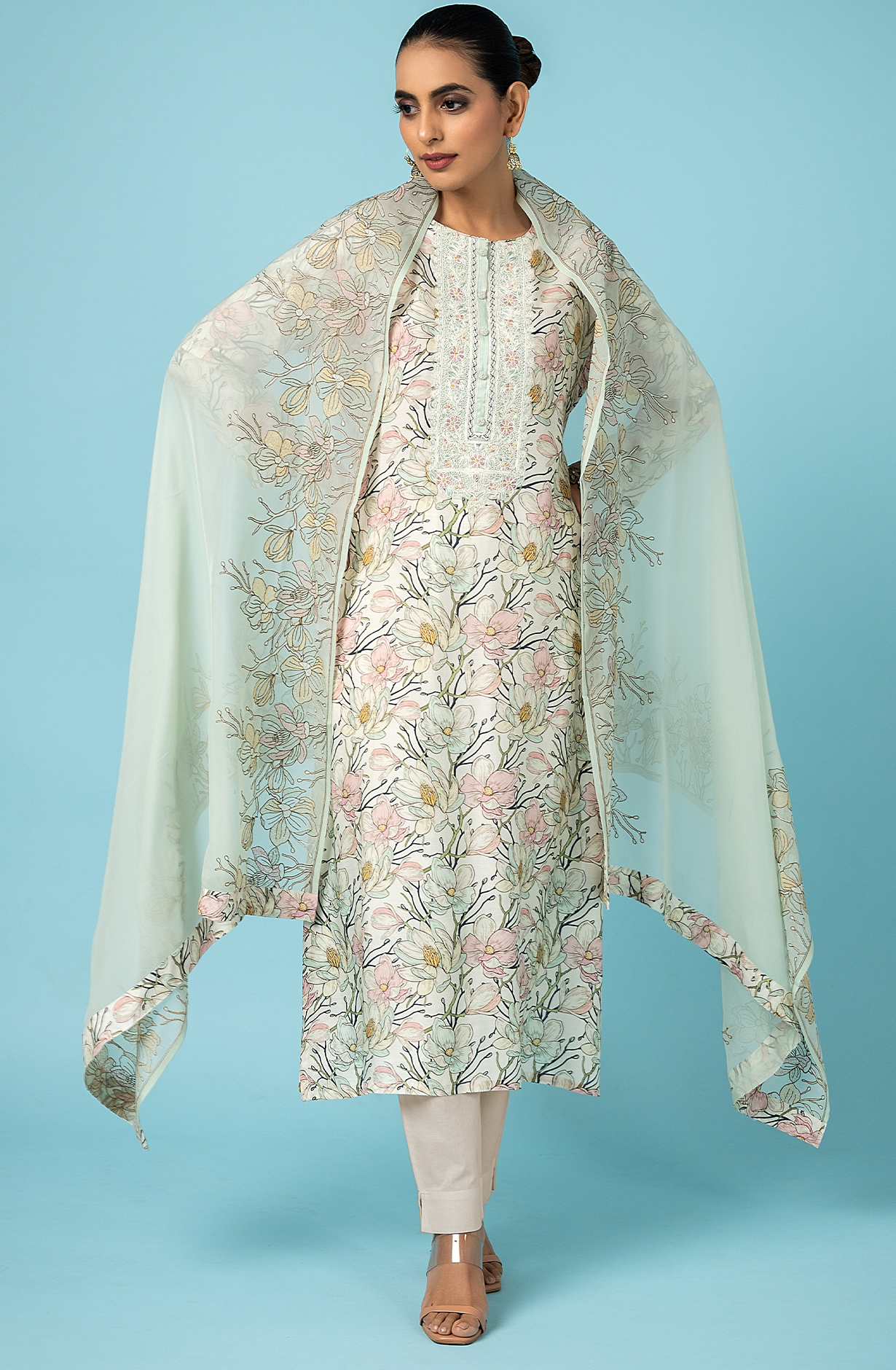 Sea Green Off-white Designer Muslin Suit-set with Organza Dupatta - R157-SPR1814B