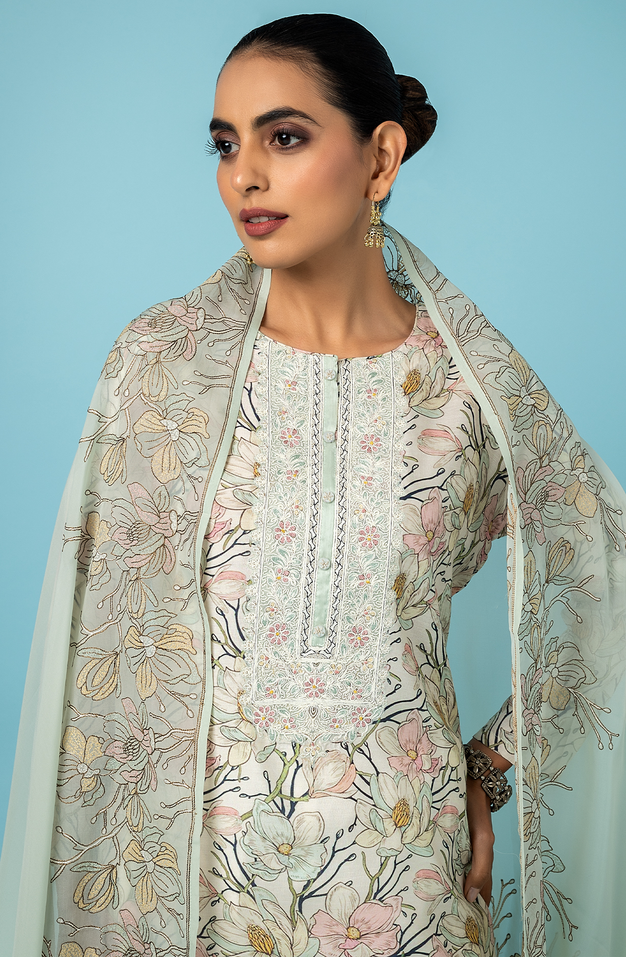 Sea Green Off-white Designer Muslin Suit-set with Organza Dupatta - R157-SPR1814B