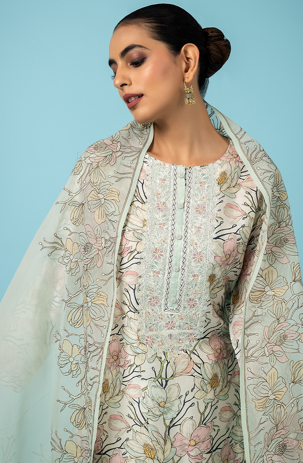 Sea Green Off-white Designer Muslin Suit-set with Organza Dupatta - R157-SPR1814B