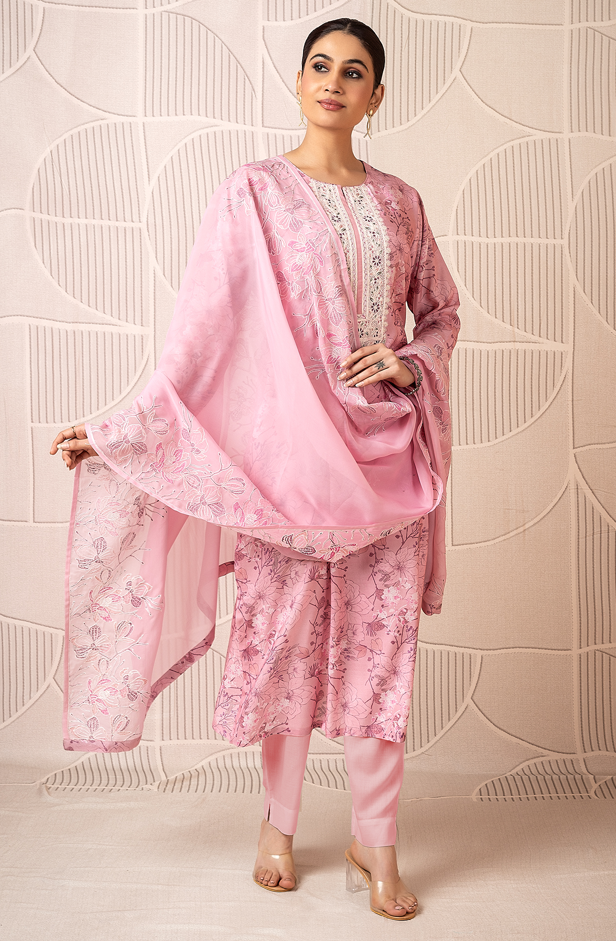 Designer Pink Modal Digital Printed Salwar Suit with Organza Dupatta - R157-SPR1823
