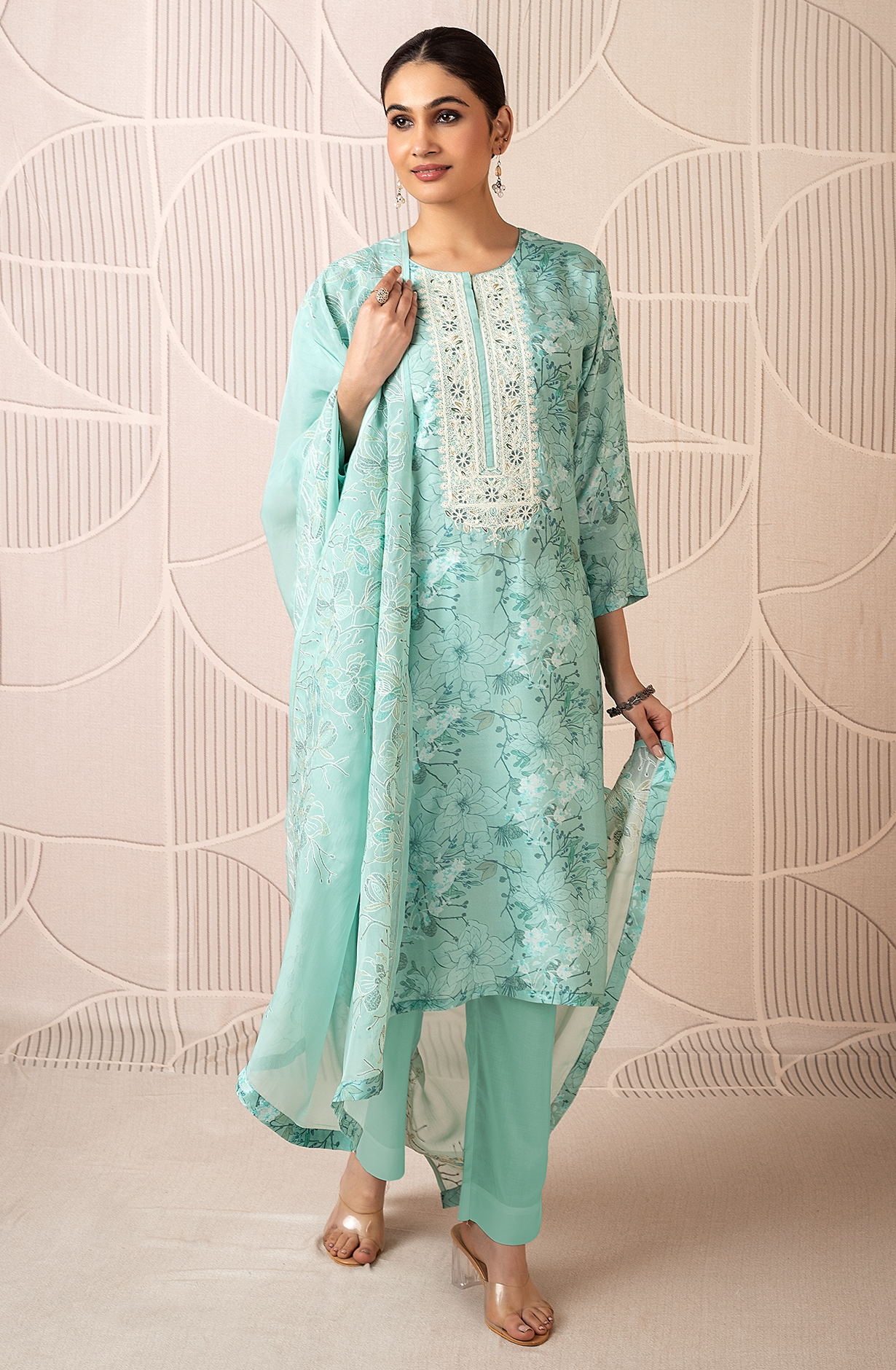 Designer Sea Green Modal Digital Printed Salwar Suit with Organza Dupatta - R157-SPR1823A