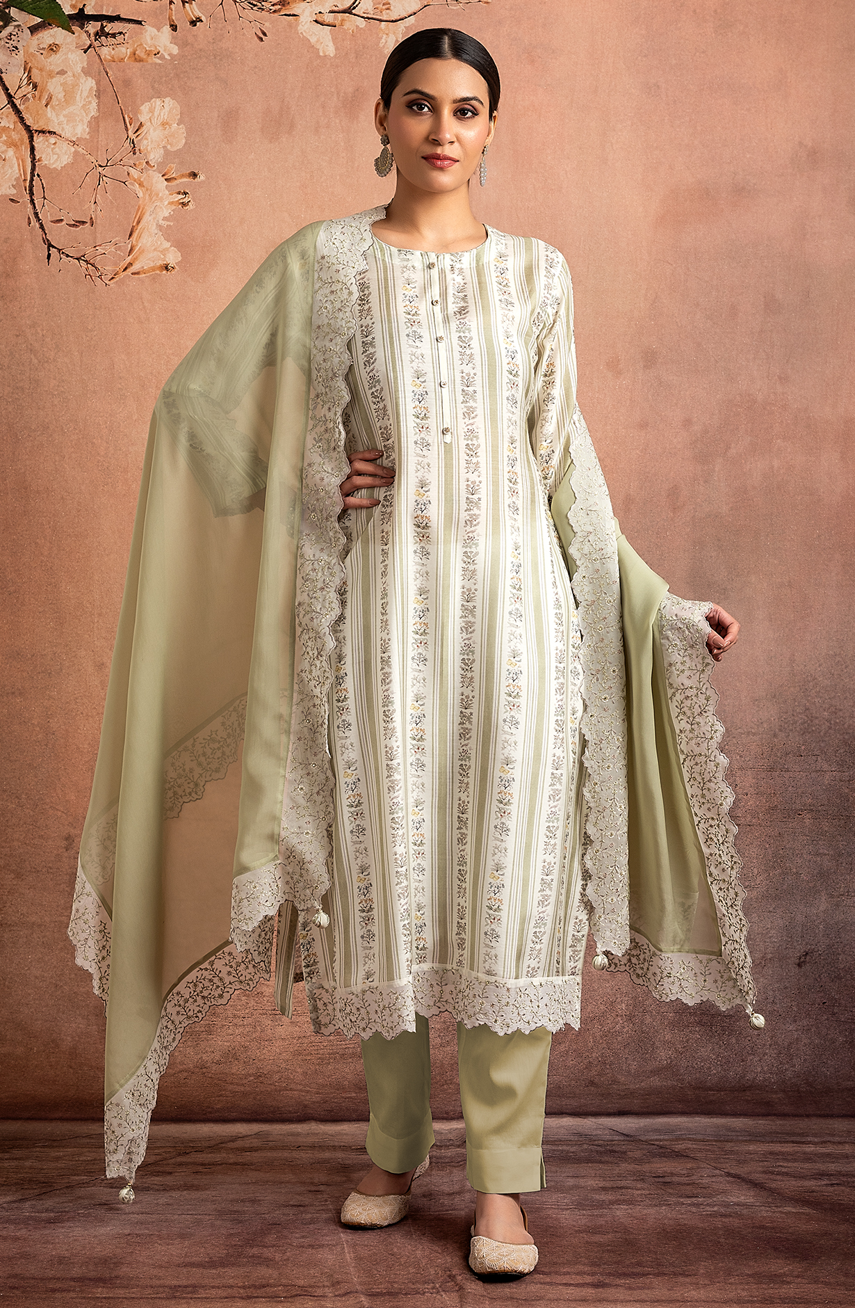 Parrot Green Beautiful Pure Muslin Salwar Suit with Organza Dupatta - R157-SPR1825A