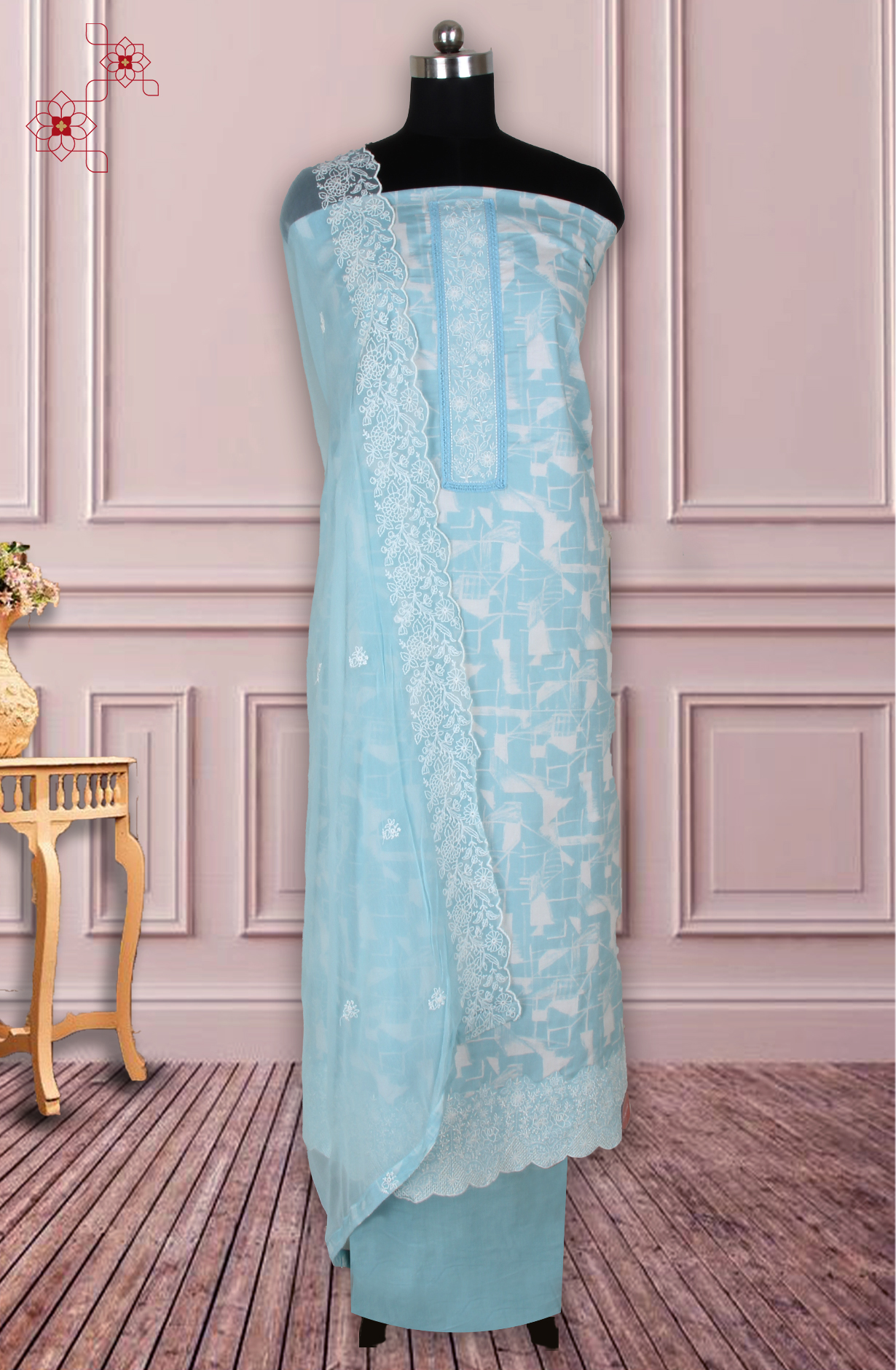 Sea Green Cotton Printed with Embroidery Suit with Chiffon Dupatta - R157-SPR1827