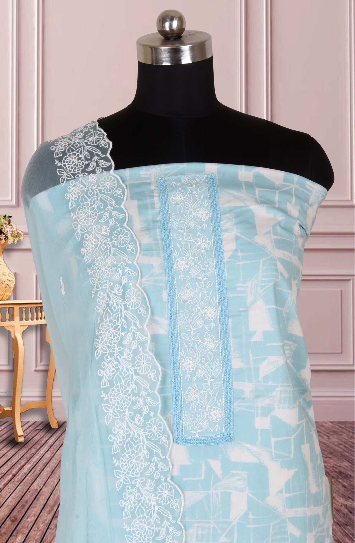 Sea Green Cotton Printed with Embroidery Suit with Chiffon Dupatta - R157-SPR1827