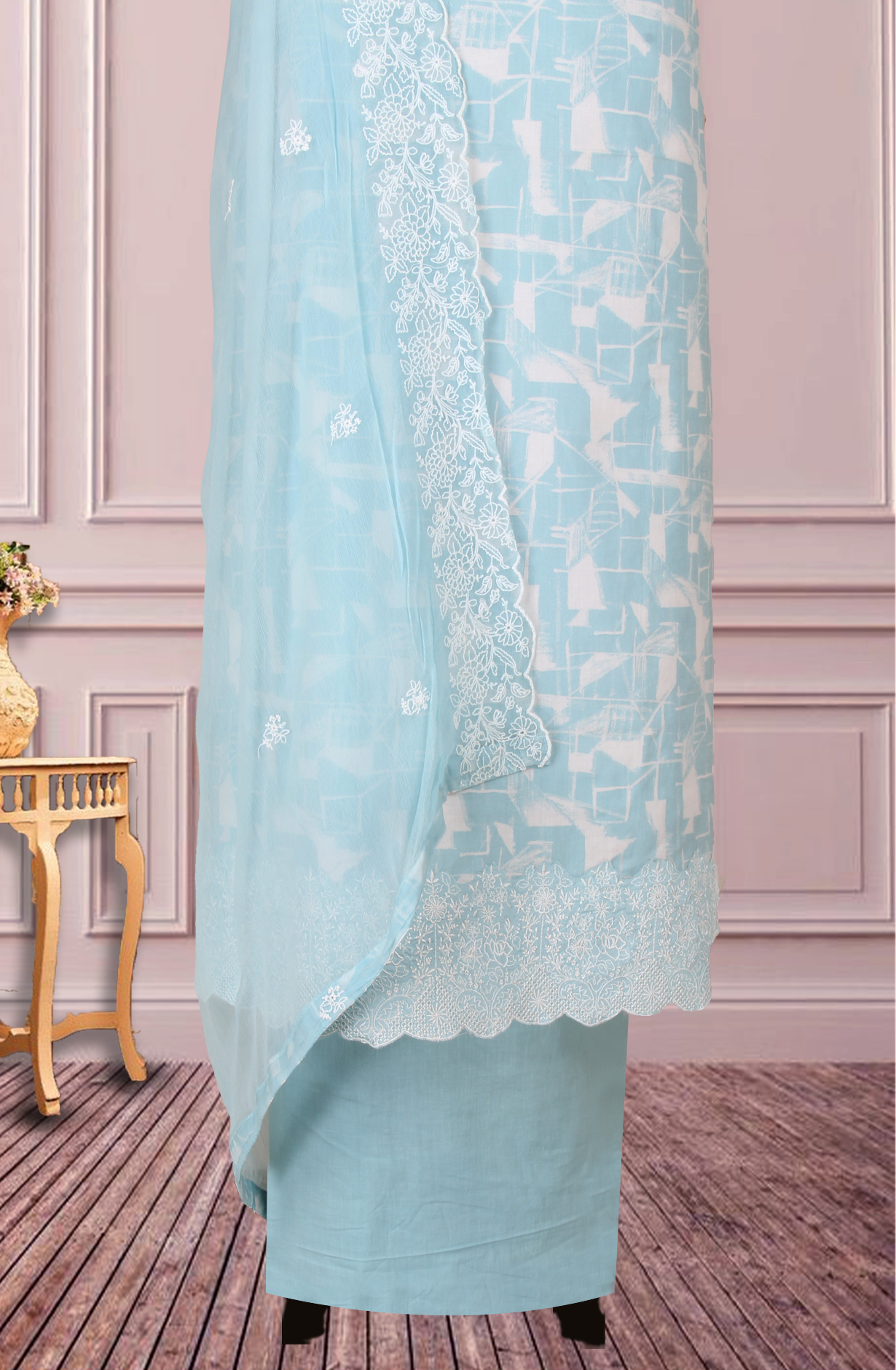 Sea Green Cotton Printed with Embroidery Suit with Chiffon Dupatta - R157-SPR1827
