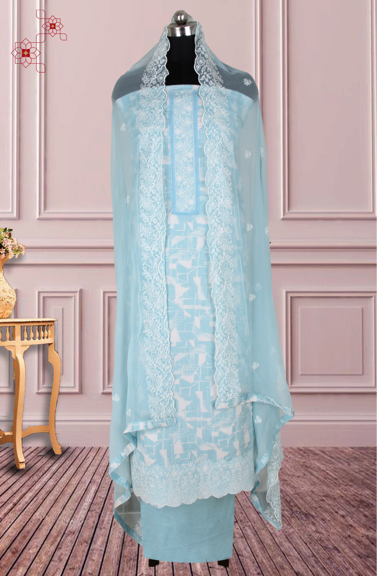 Sea Green Cotton Printed with Embroidery Suit with Chiffon Dupatta - R157-SPR1827