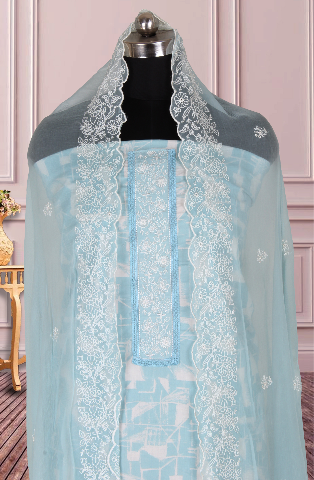 Sea Green Cotton Printed with Embroidery Suit with Chiffon Dupatta - R157-SPR1827