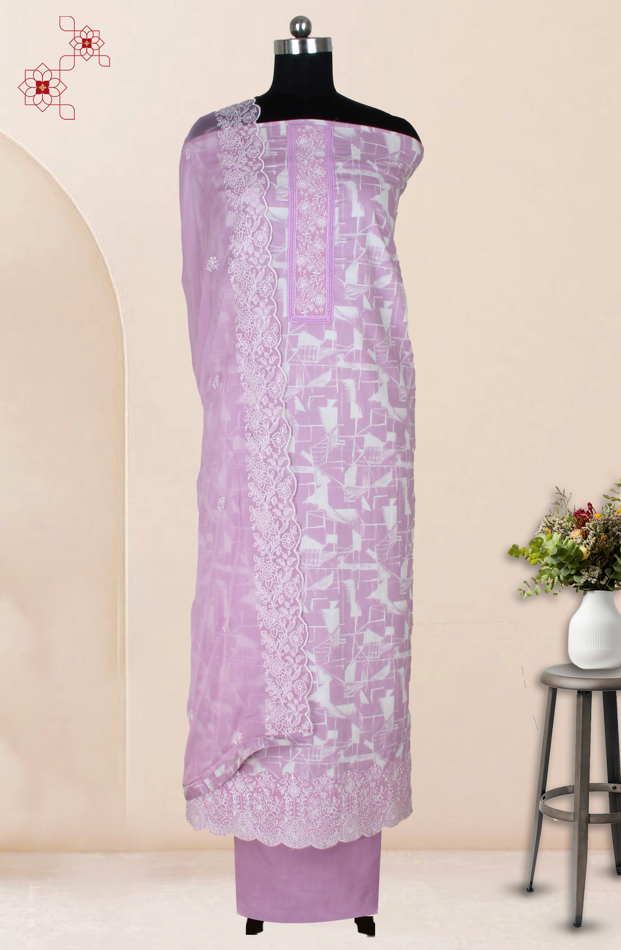 Mauve Cotton Printed with Embroidery Suit with Chiffon Dupatta - R157-SPR1827A