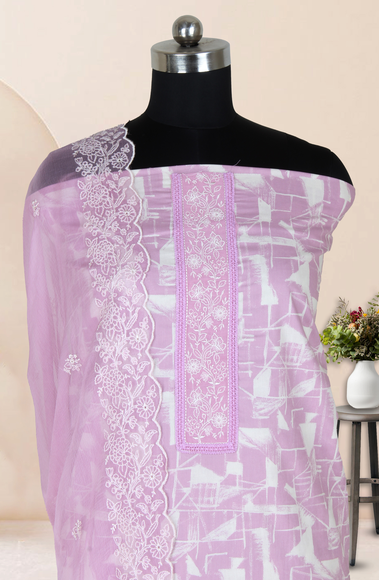 Mauve Cotton Printed with Embroidery Suit with Chiffon Dupatta - R157-SPR1827A