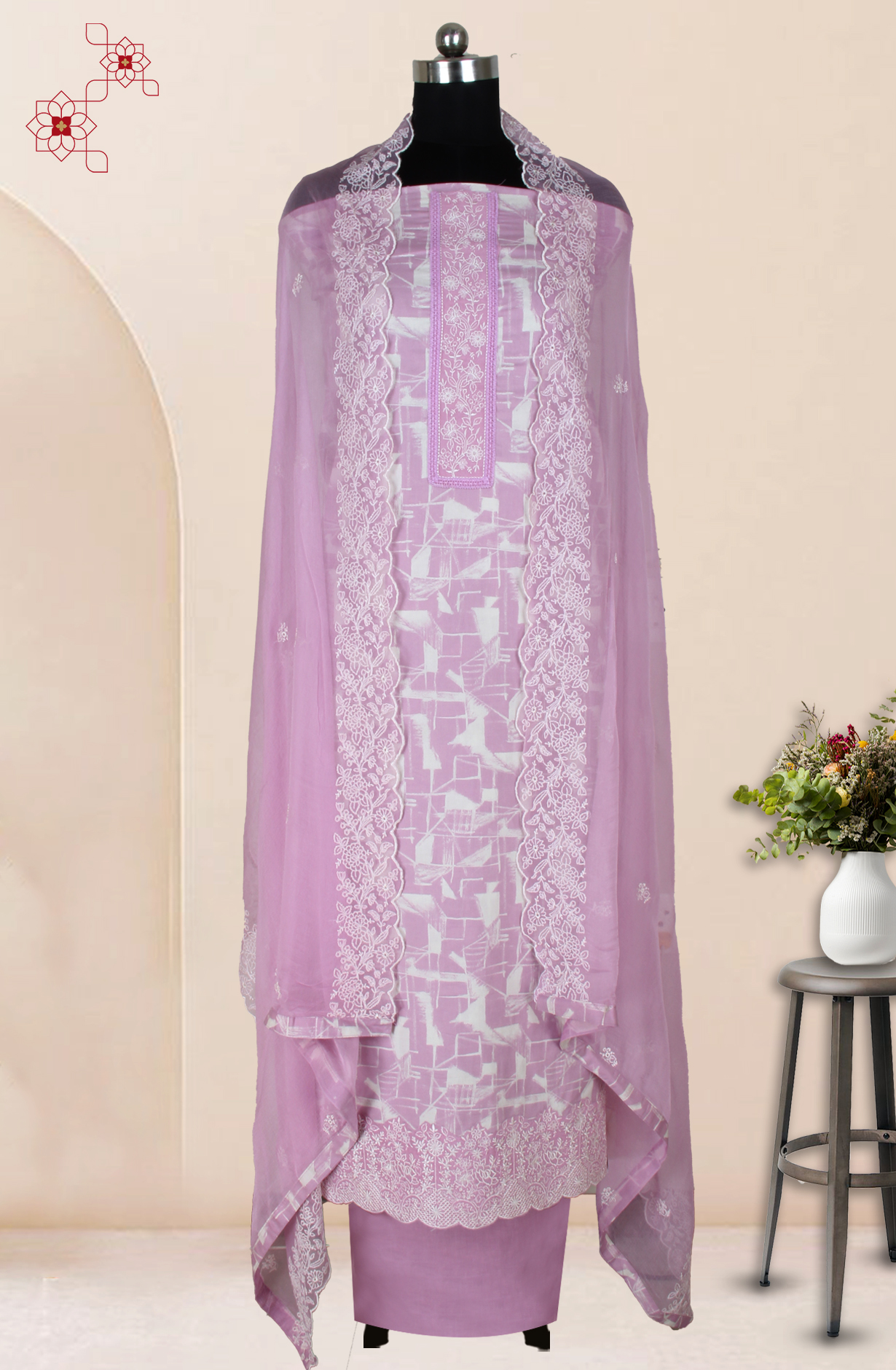 Mauve Cotton Printed with Embroidery Suit with Chiffon Dupatta - R157-SPR1827A