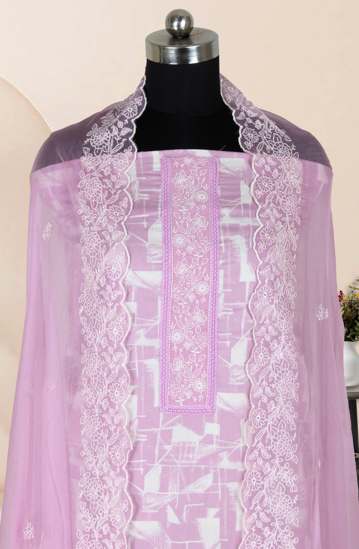 Mauve Cotton Printed with Embroidery Suit with Chiffon Dupatta - R157-SPR1827A