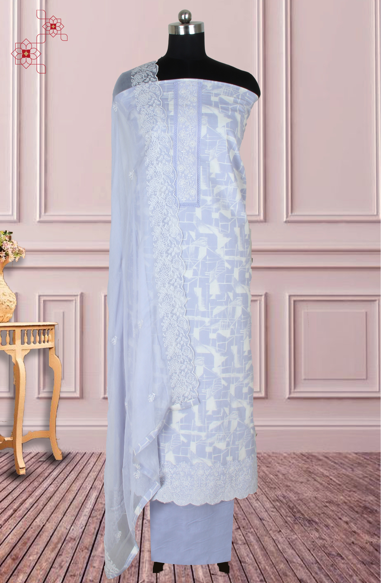 Lavender Cotton Printed with Embroidery Suit with Chiffon Dupatta - R157-SPR1827C