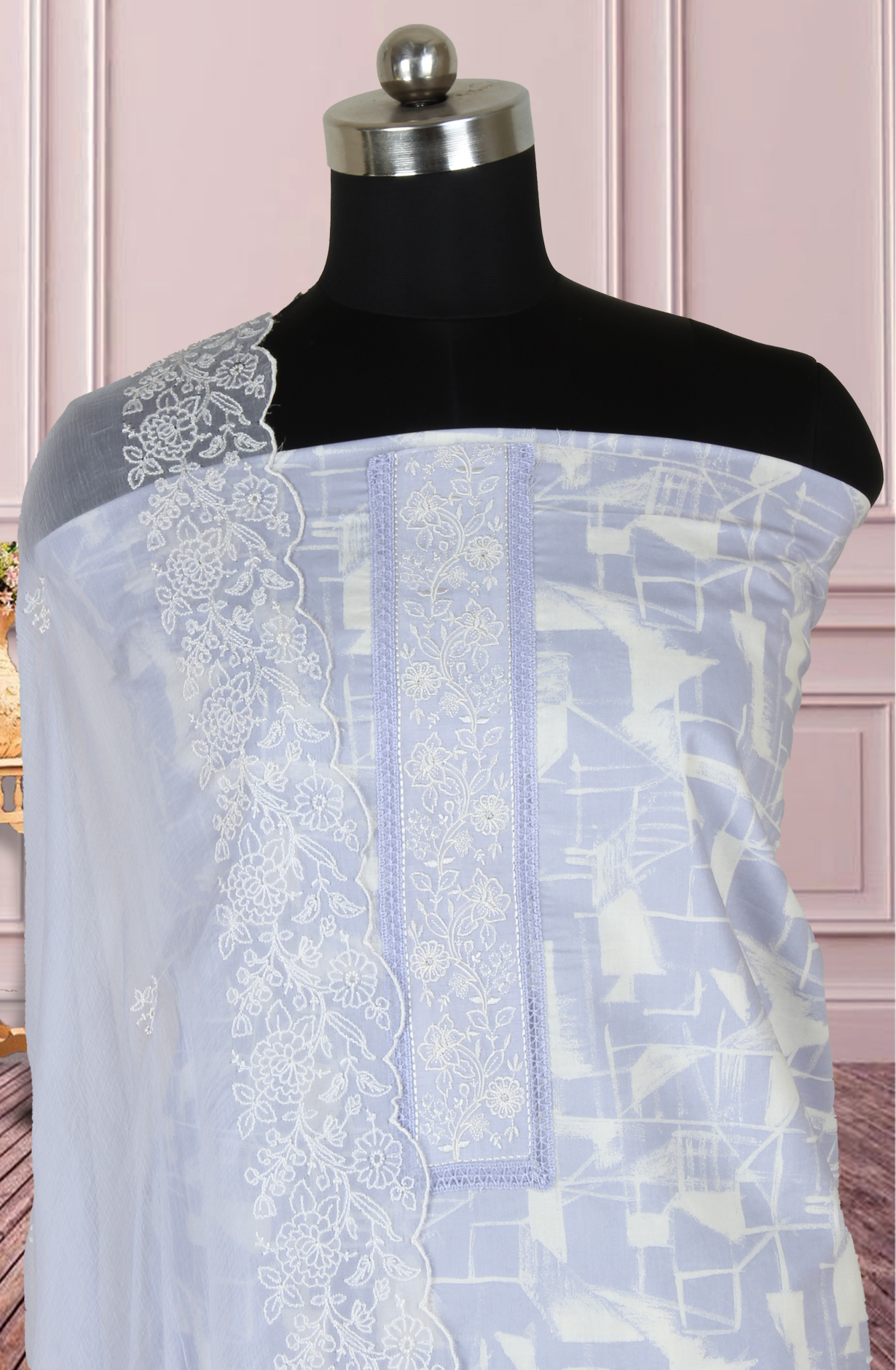 Lavender Cotton Printed with Embroidery Suit with Chiffon Dupatta - R157-SPR1827C