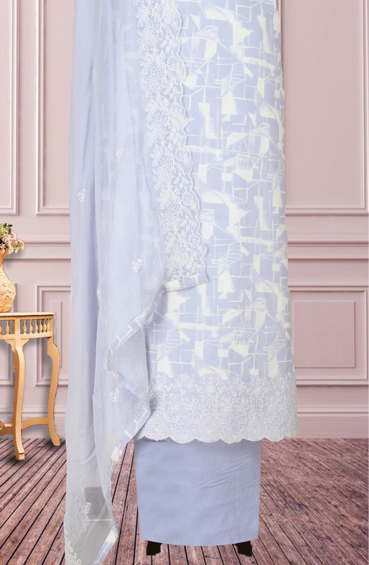 Lavender Cotton Printed with Embroidery Suit with Chiffon Dupatta - R157-SPR1827C