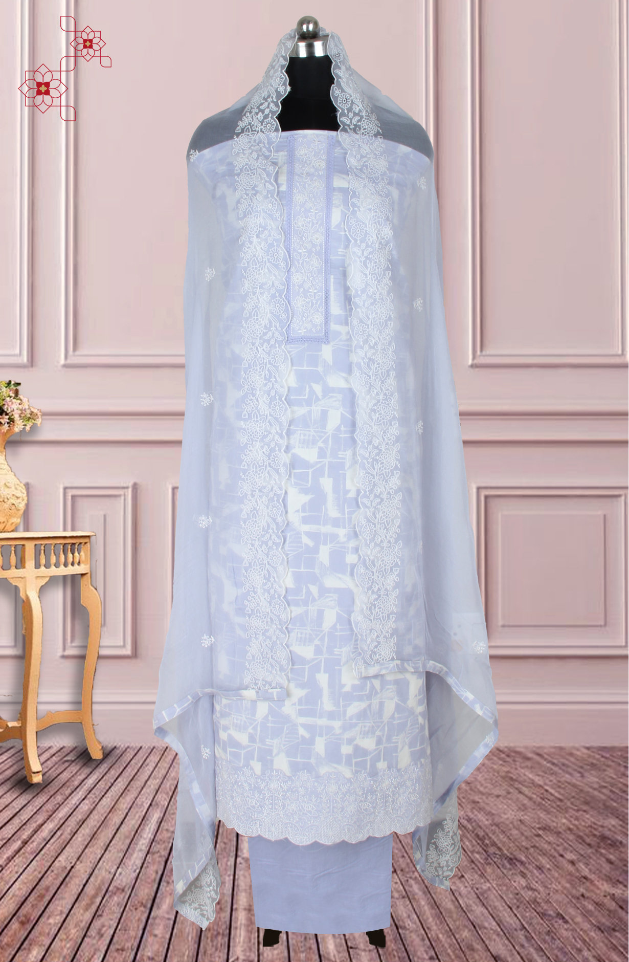 Lavender Cotton Printed with Embroidery Suit with Chiffon Dupatta - R157-SPR1827C