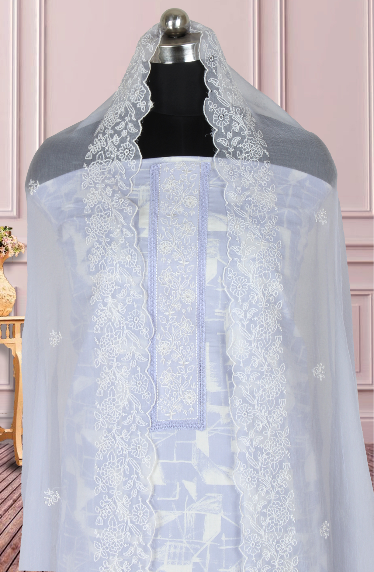 Lavender Cotton Printed with Embroidery Suit with Chiffon Dupatta - R157-SPR1827C