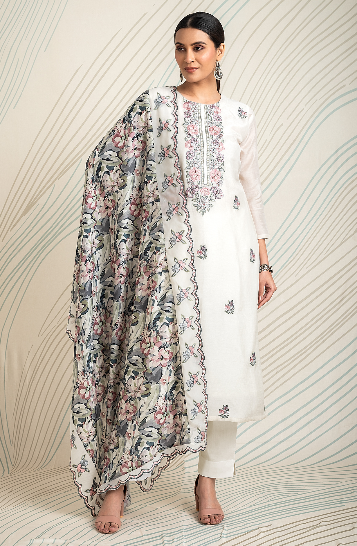 Exclusive Cream Pure Muslin Embroidered Salwar Suit with Trendy Dupatta - R157-SPR1828A