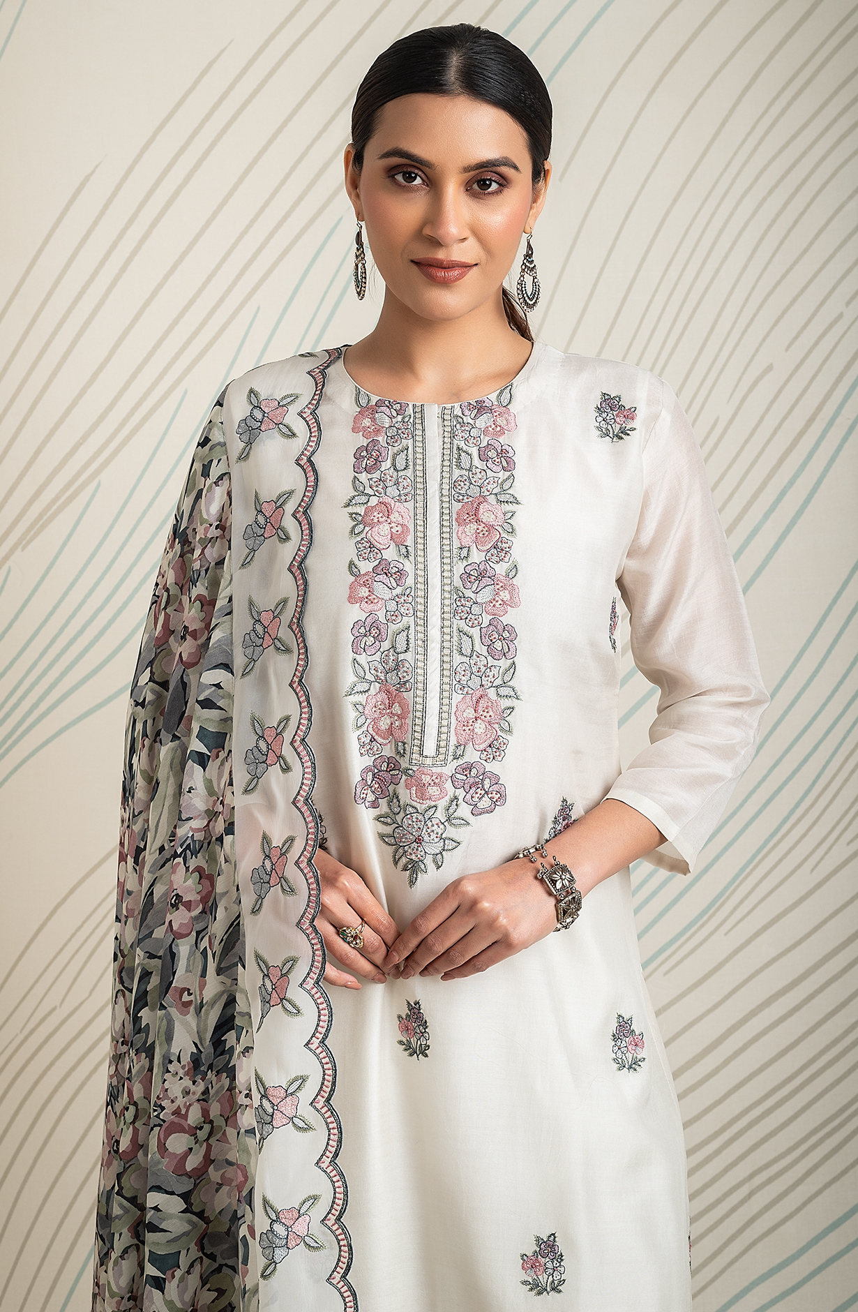 Exclusive Cream Pure Muslin Embroidered Salwar Suit with Trendy Dupatta - R157-SPR1828A