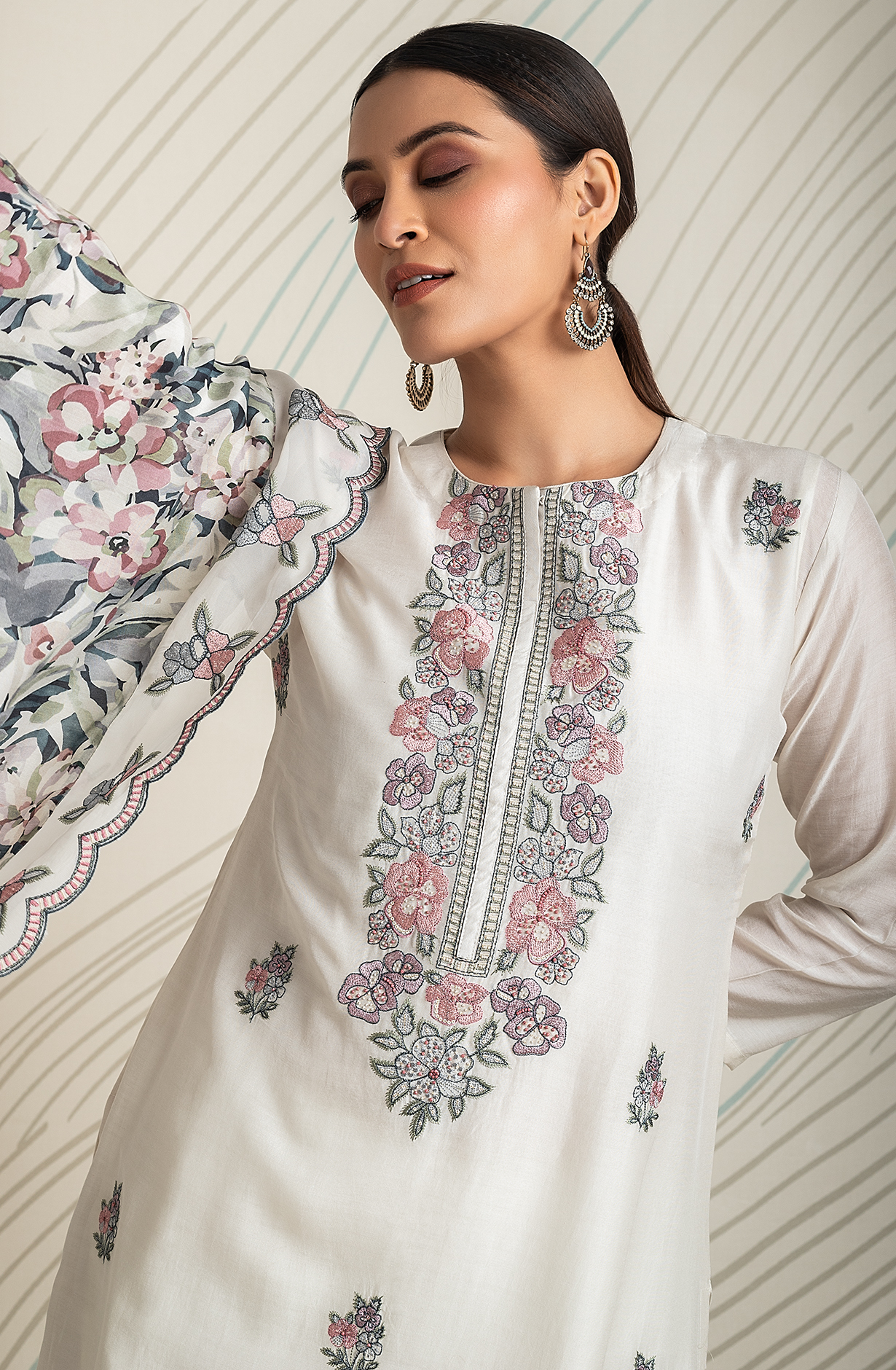 Exclusive Cream Pure Muslin Embroidered Salwar Suit with Trendy Dupatta - R157-SPR1828A