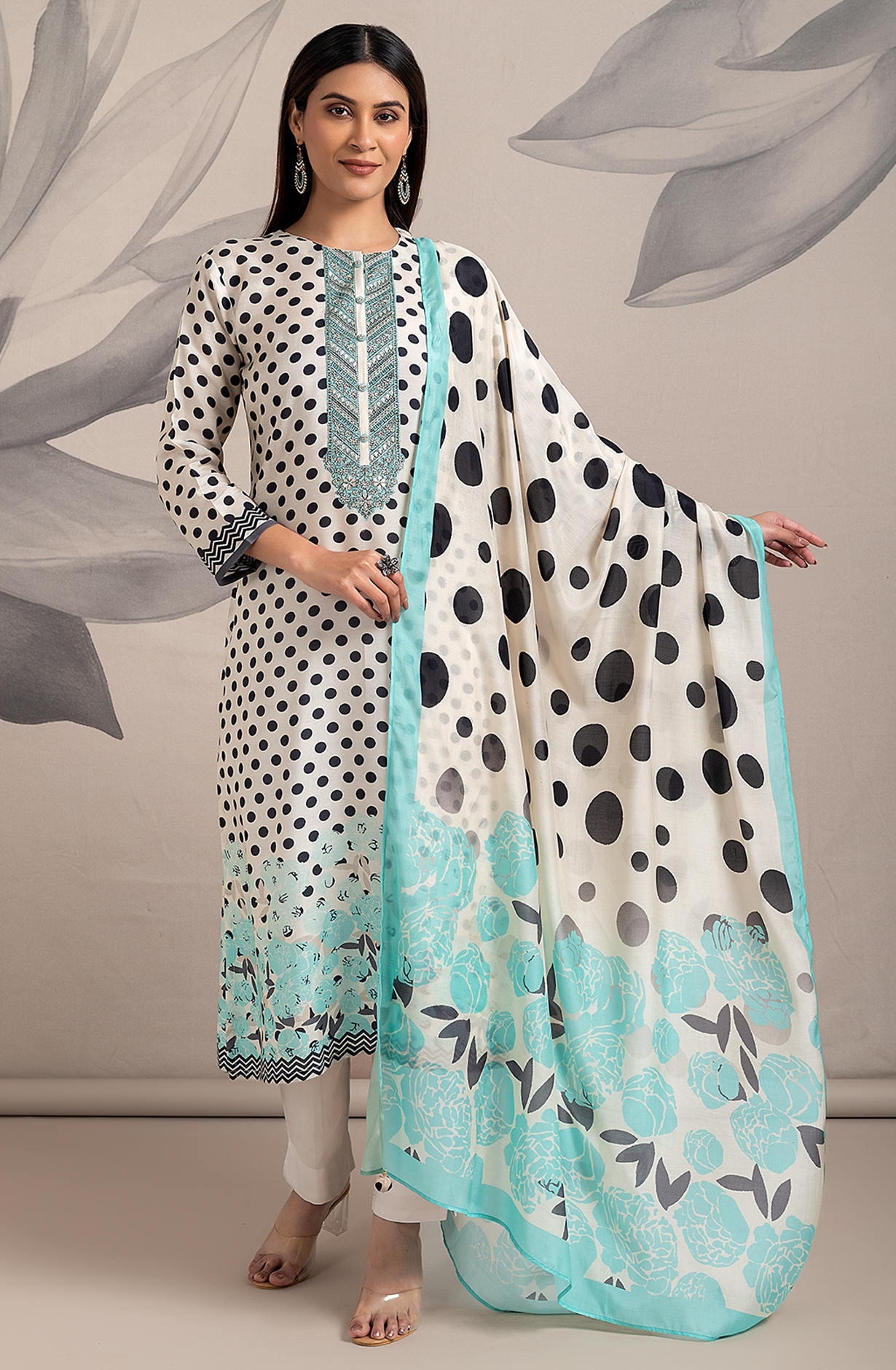 Cream Turquoise Beautiful Pure Muslin Salwar Suit with Chiffon Dupatta - R157-SPR1829A