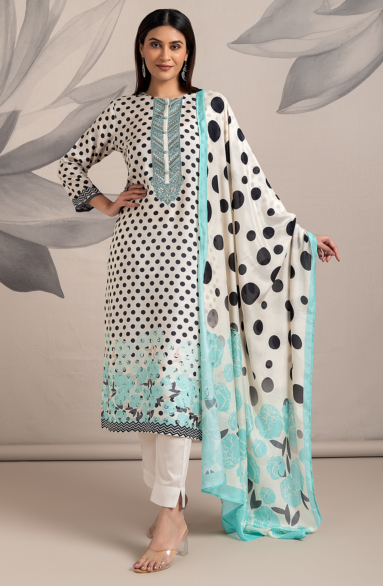 Cream Turquoise Beautiful Pure Muslin Salwar Suit with Chiffon Dupatta - R157-SPR1829A