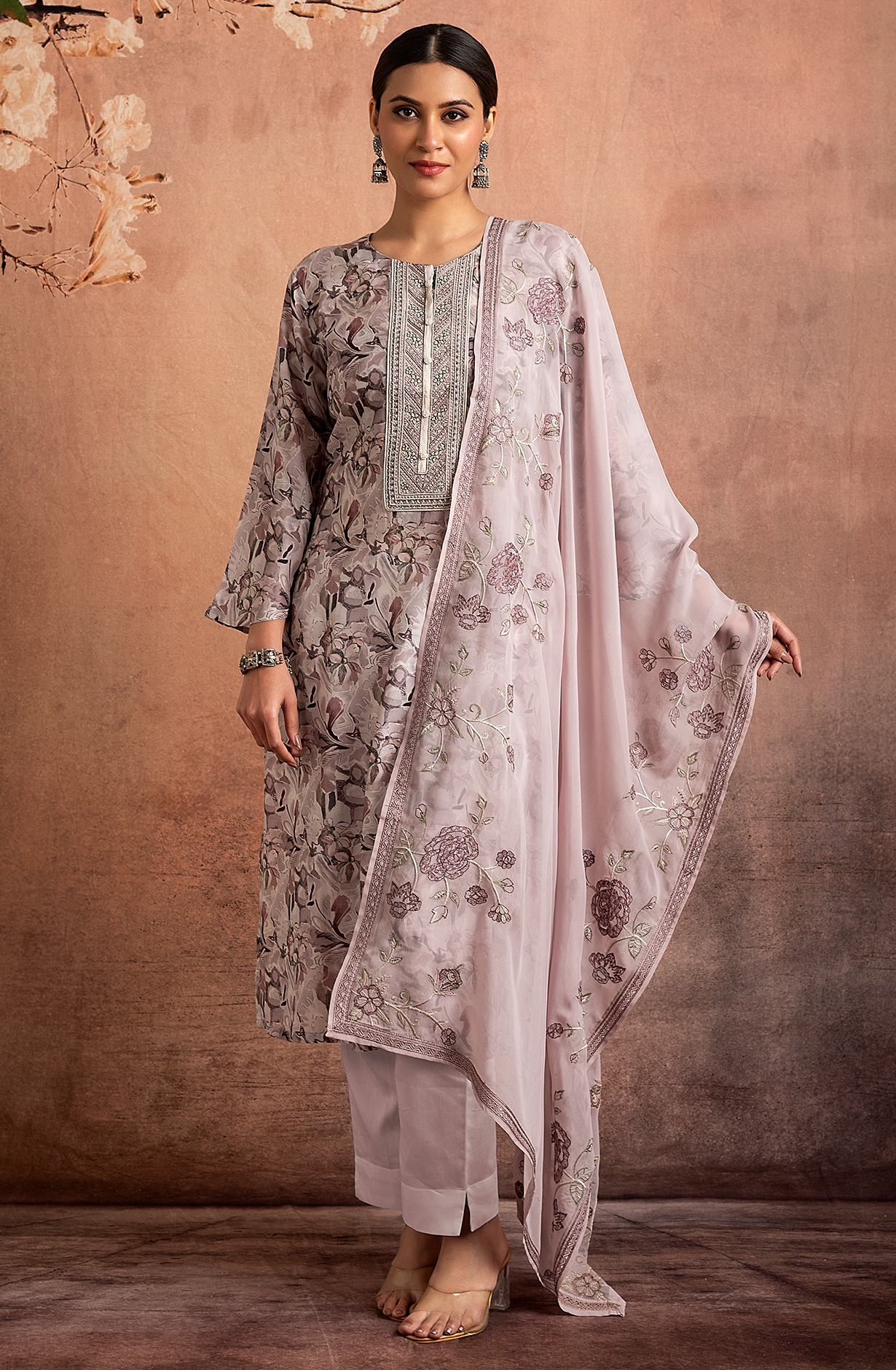 Mauve Beautiful Pure Muslin Salwar Suit with Organza Dupatta - R157-SPR1831