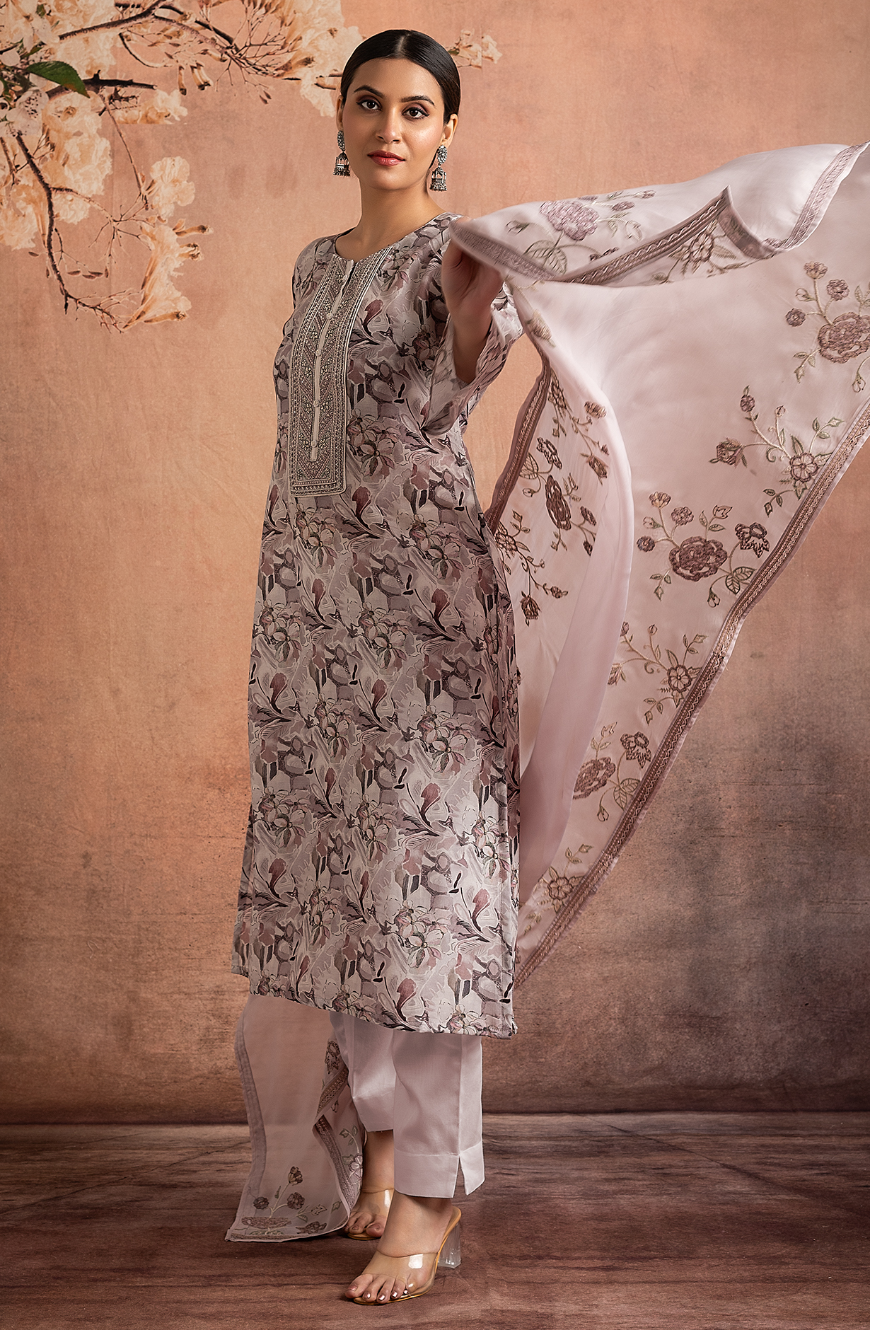 Mauve Beautiful Pure Muslin Salwar Suit with Organza Dupatta - R157-SPR1831