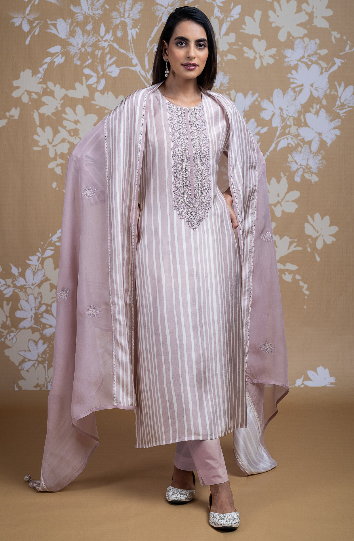 Pink Muslin Printed Embroidered Suit with Organza Dupatta - R157-SPR1837