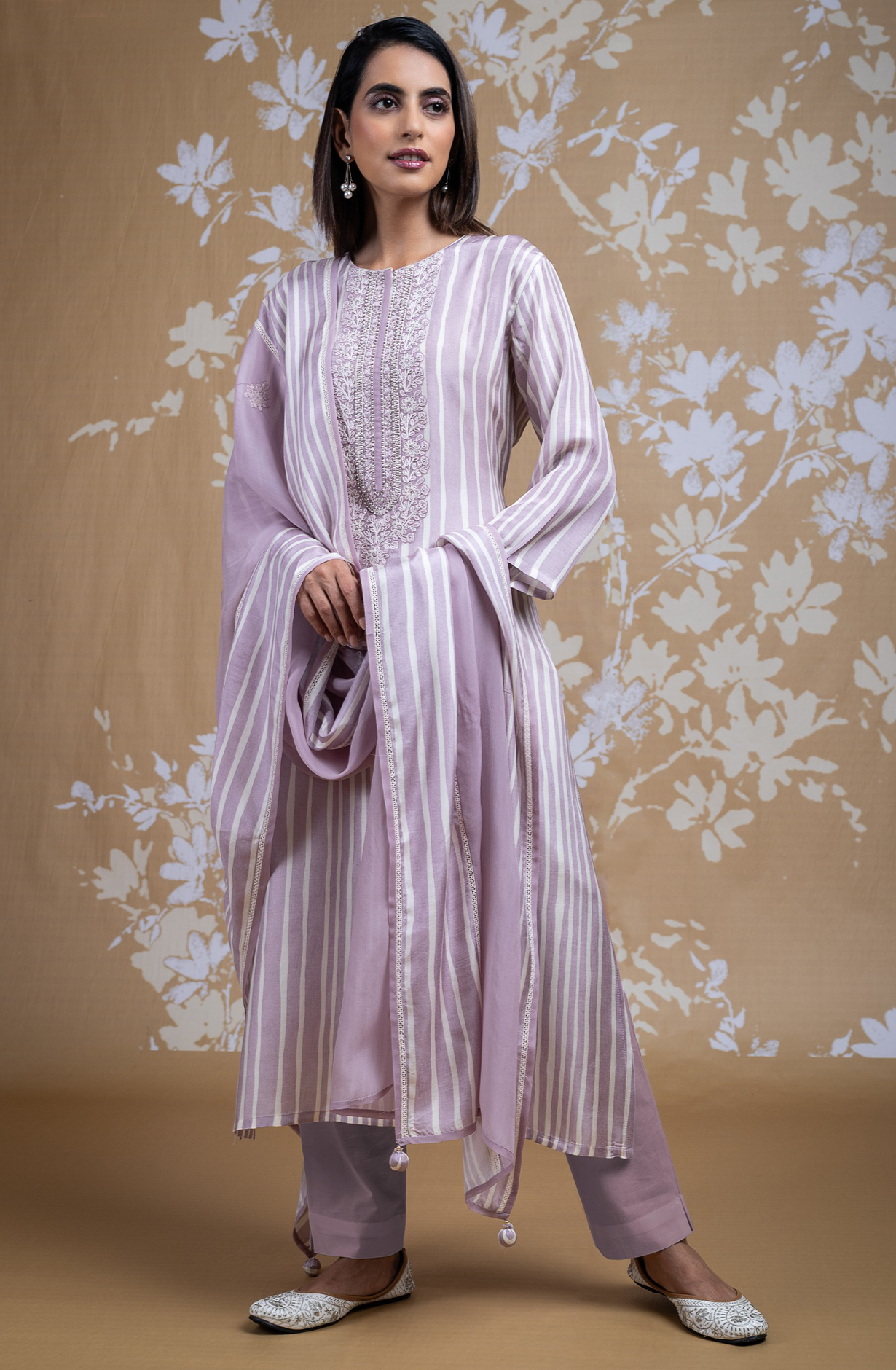 Purple Muslin Printed Embroidered Suit with Organza Dupatta - R157-SPR1837A