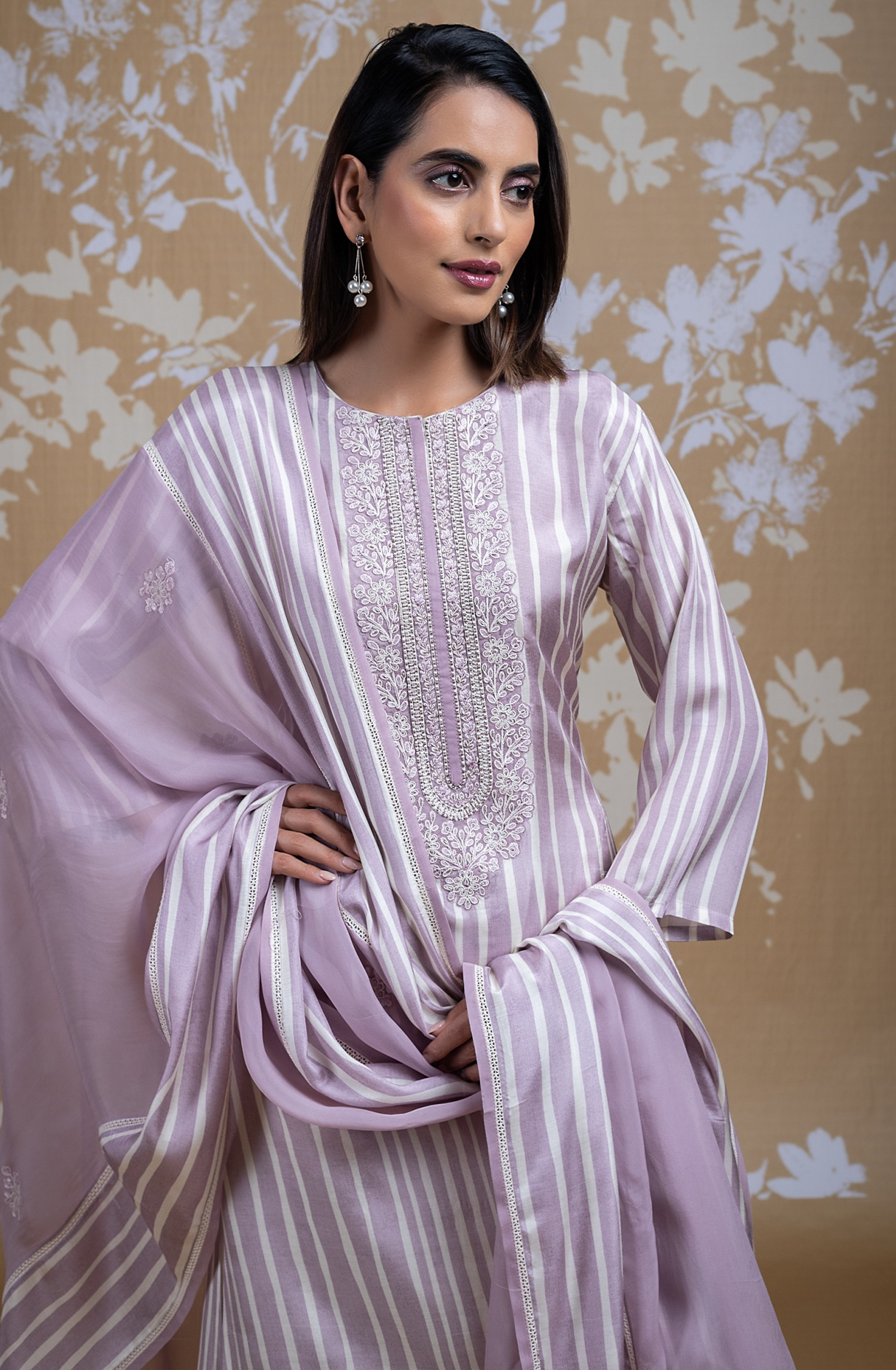 Purple Muslin Printed Embroidered Suit with Organza Dupatta - R157-SPR1837A