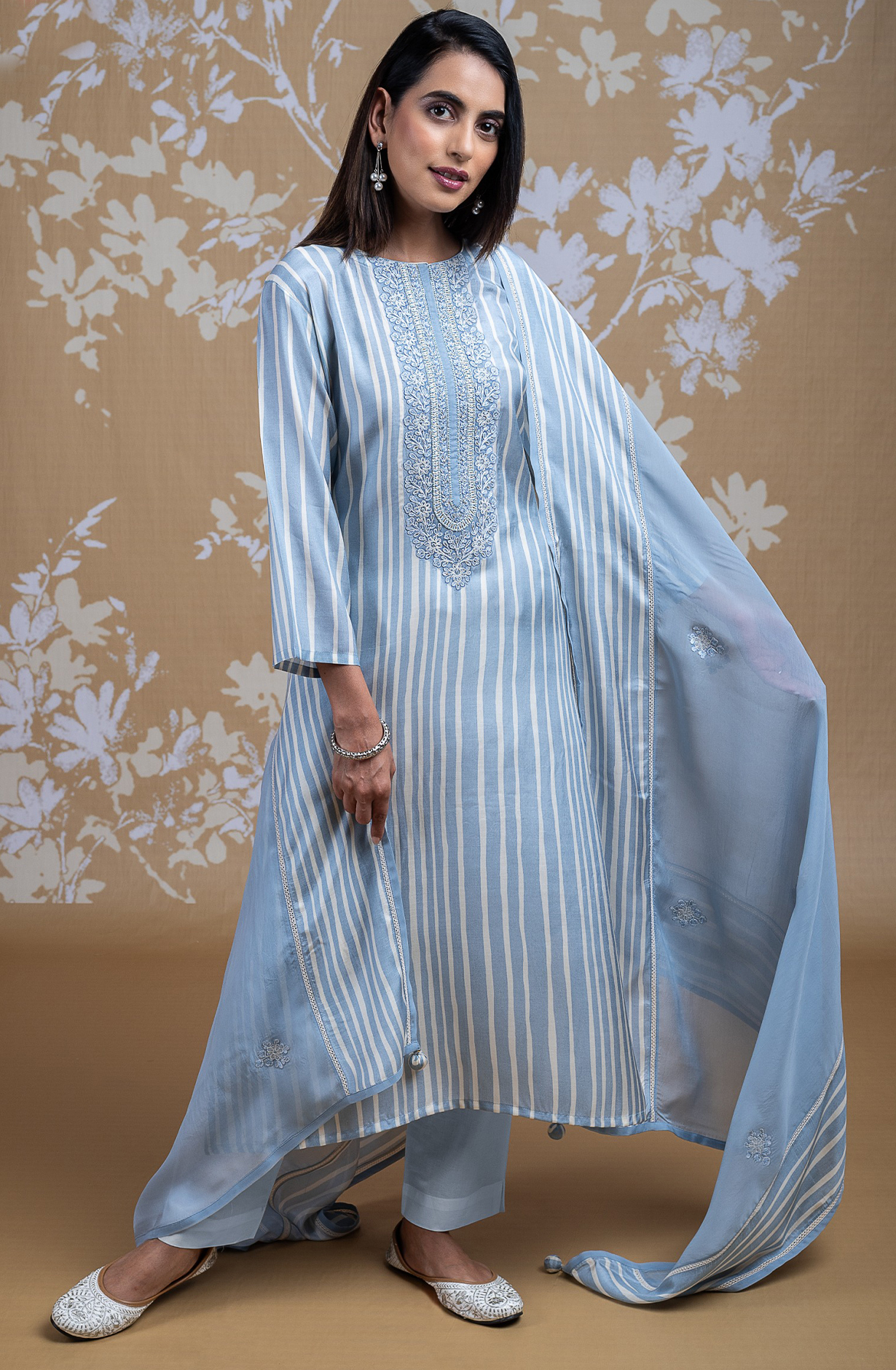 Blue Muslin Printed Embroidered Suit with Organza Dupatta - R157-SPR1837B