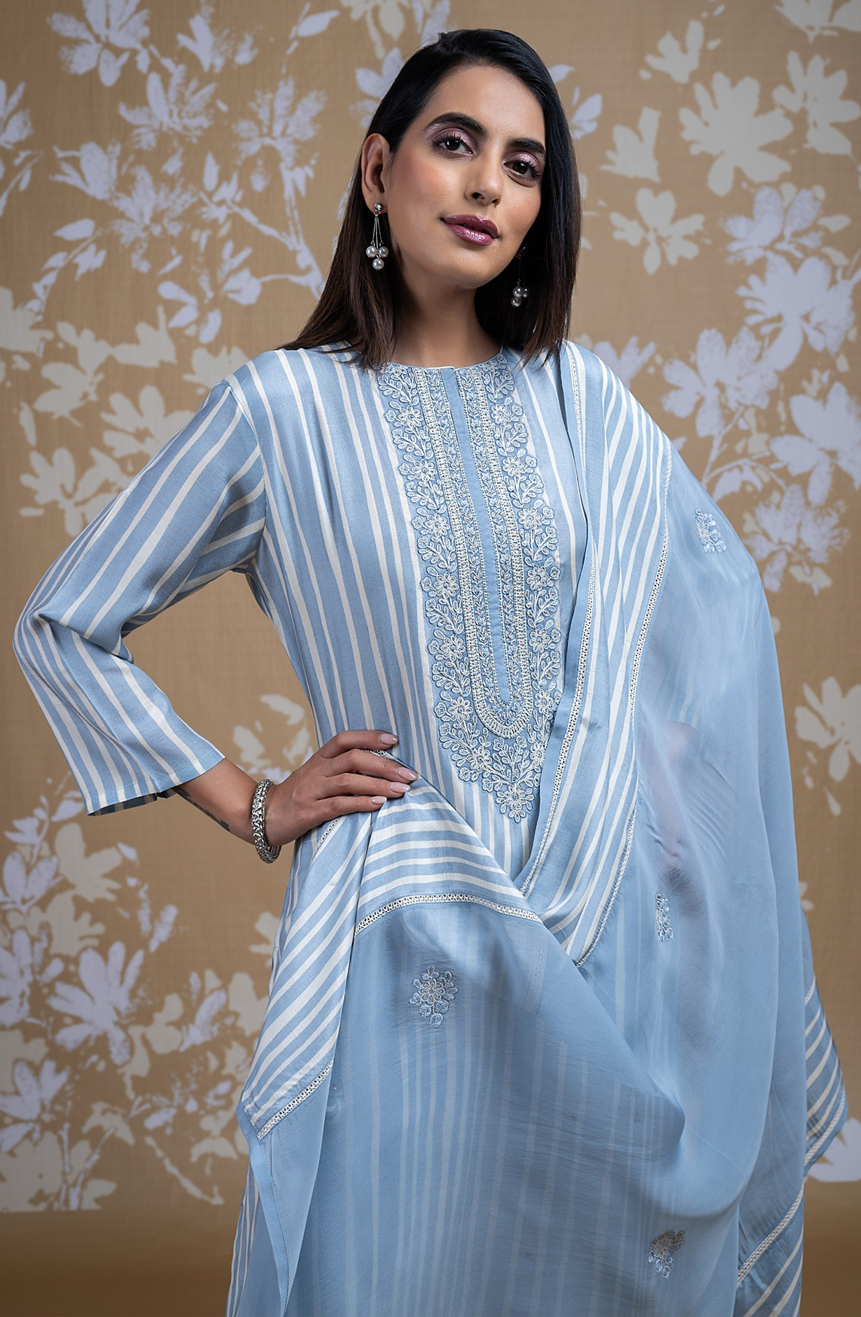 Blue Muslin Printed Embroidered Suit with Organza Dupatta - R157-SPR1837B