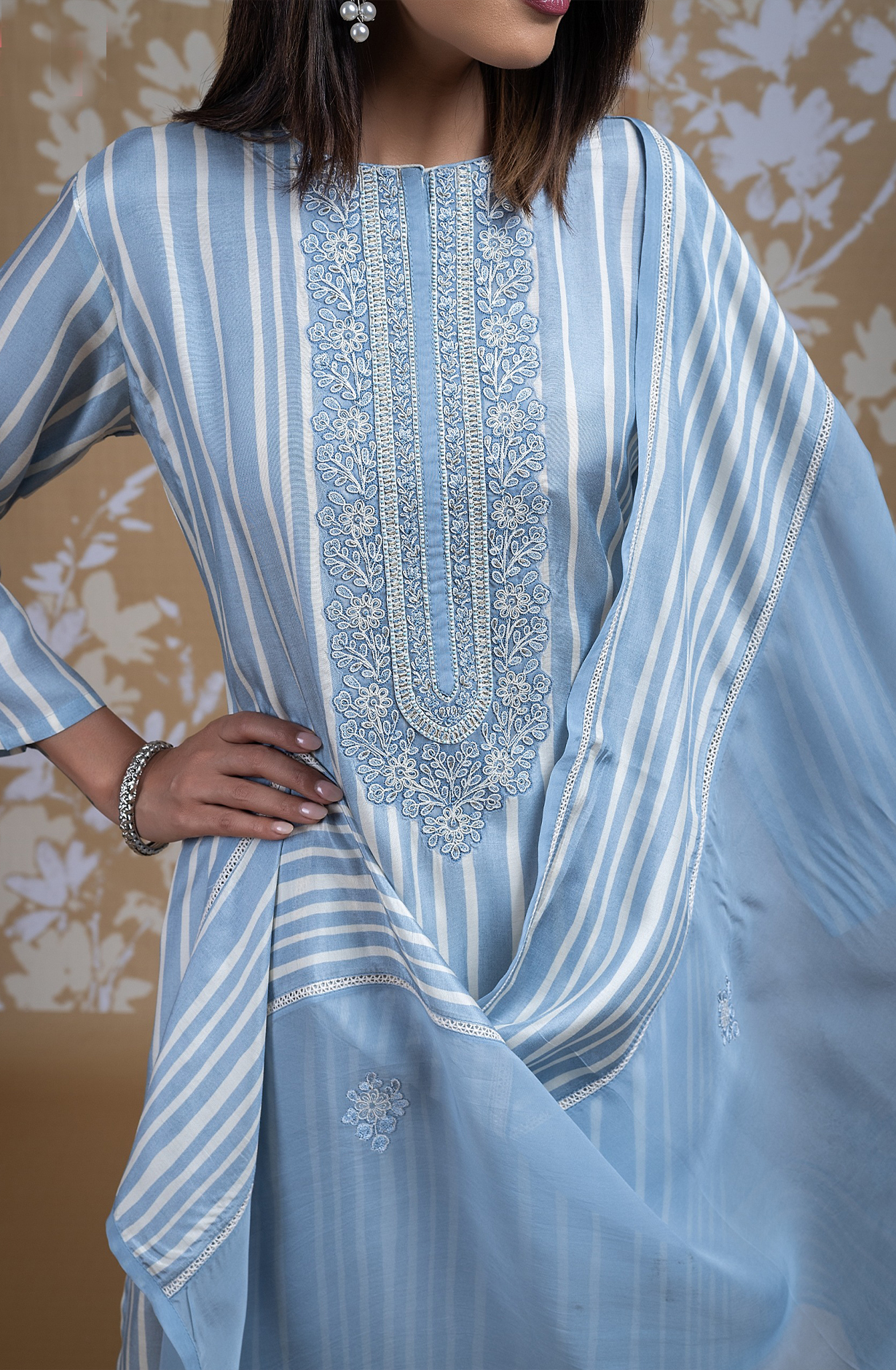 Blue Muslin Printed Embroidered Suit with Organza Dupatta - R157-SPR1837B
