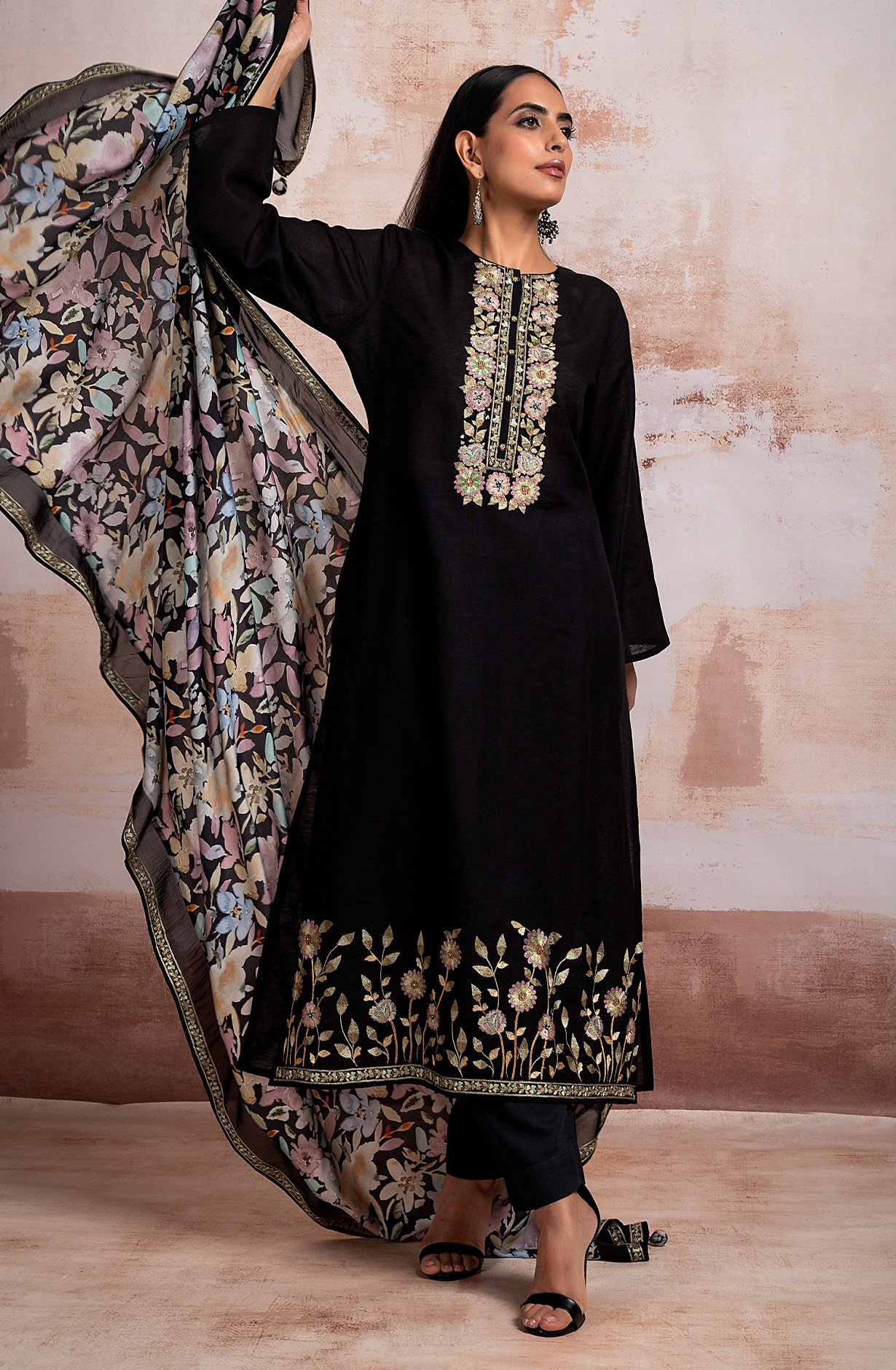 Black Linen Festive Salwar Kameez with Trendy Dupatta - R157-SPR1929