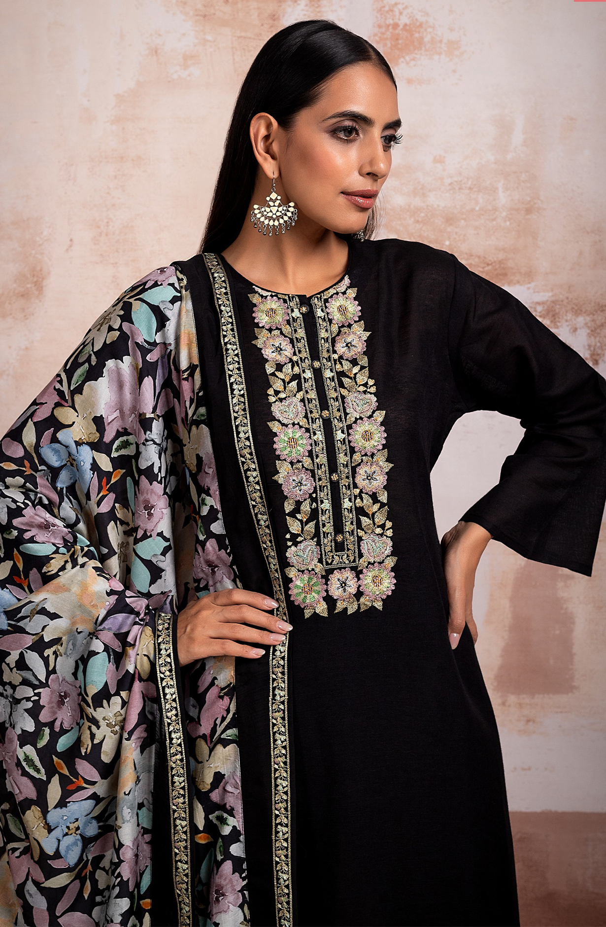 Black Linen Festive Salwar Kameez with Trendy Dupatta - R157-SPR1929