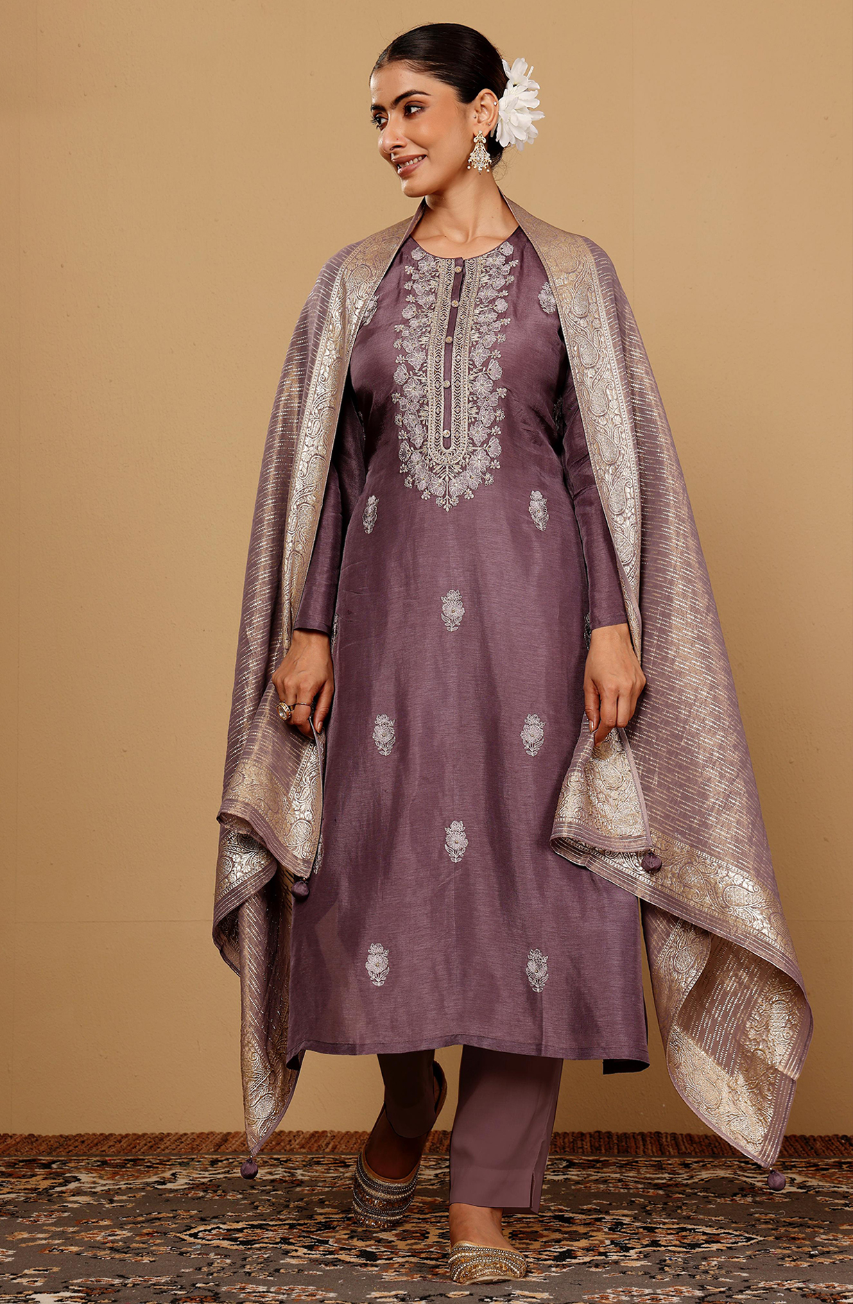 Purple Silk Embroidered Unstitched Salwar Kameez with Tissue Silk Dupatta - R157-SPR1944