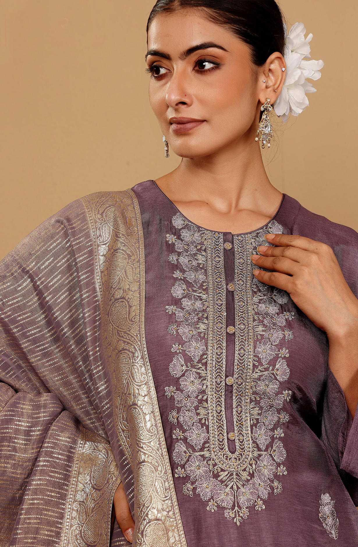Purple Silk Embroidered Unstitched Salwar Kameez with Tissue Silk Dupatta - R157-SPR1944