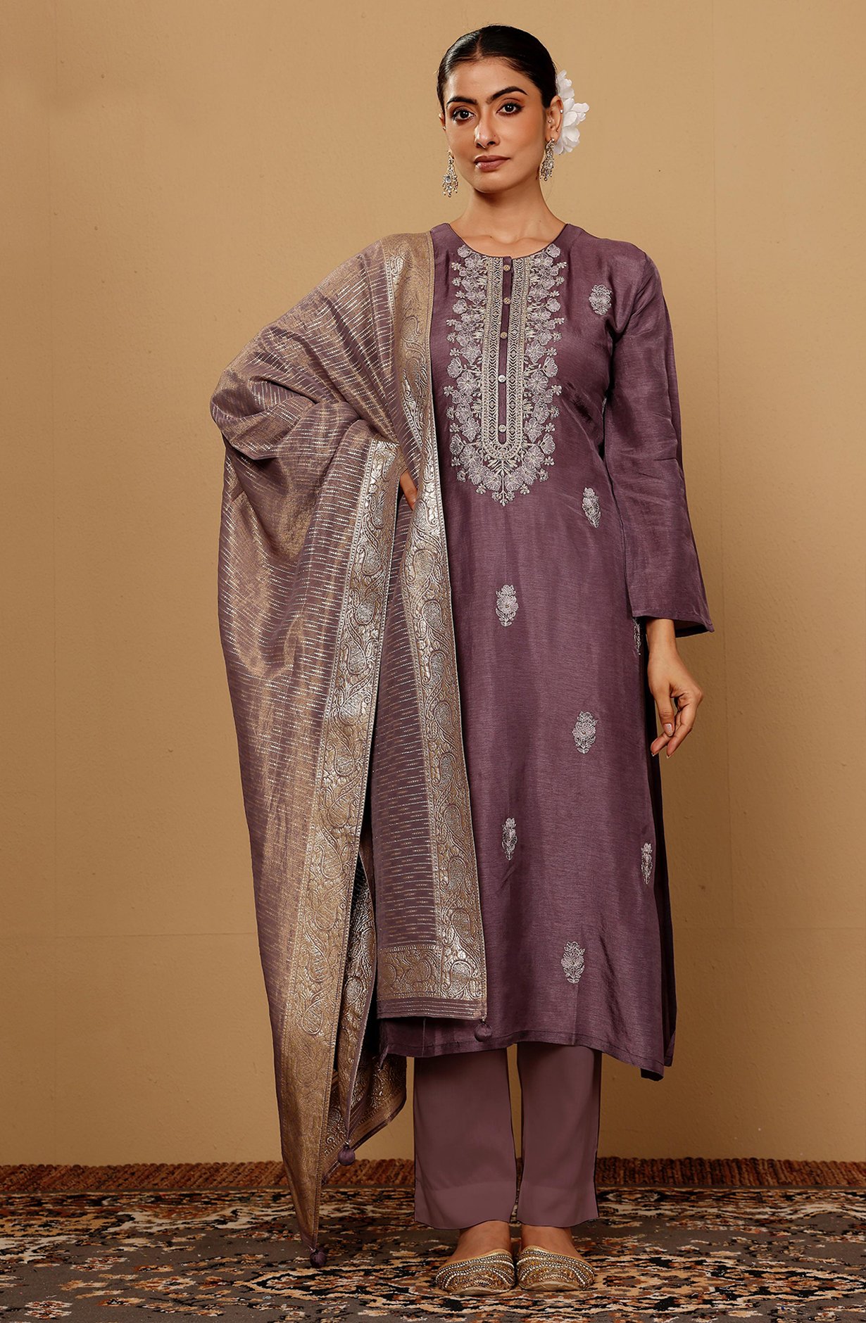 Purple Silk Embroidered Unstitched Salwar Kameez with Tissue Silk Dupatta - R157-SPR1944
