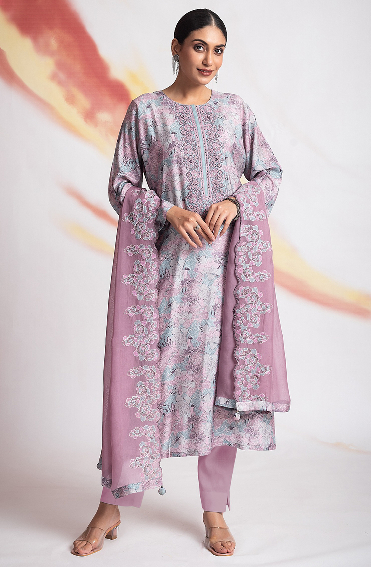 Grey and Mauve Beautiful Muslin Festive Salwar Kameez with Organza Dupatta - R157-SPR1950