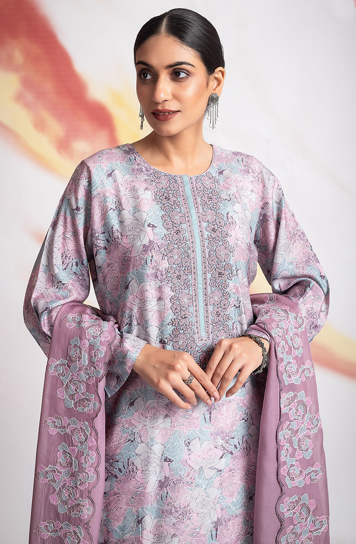 Grey and Mauve Beautiful Muslin Festive Salwar Kameez with Organza Dupatta - R157-SPR1950